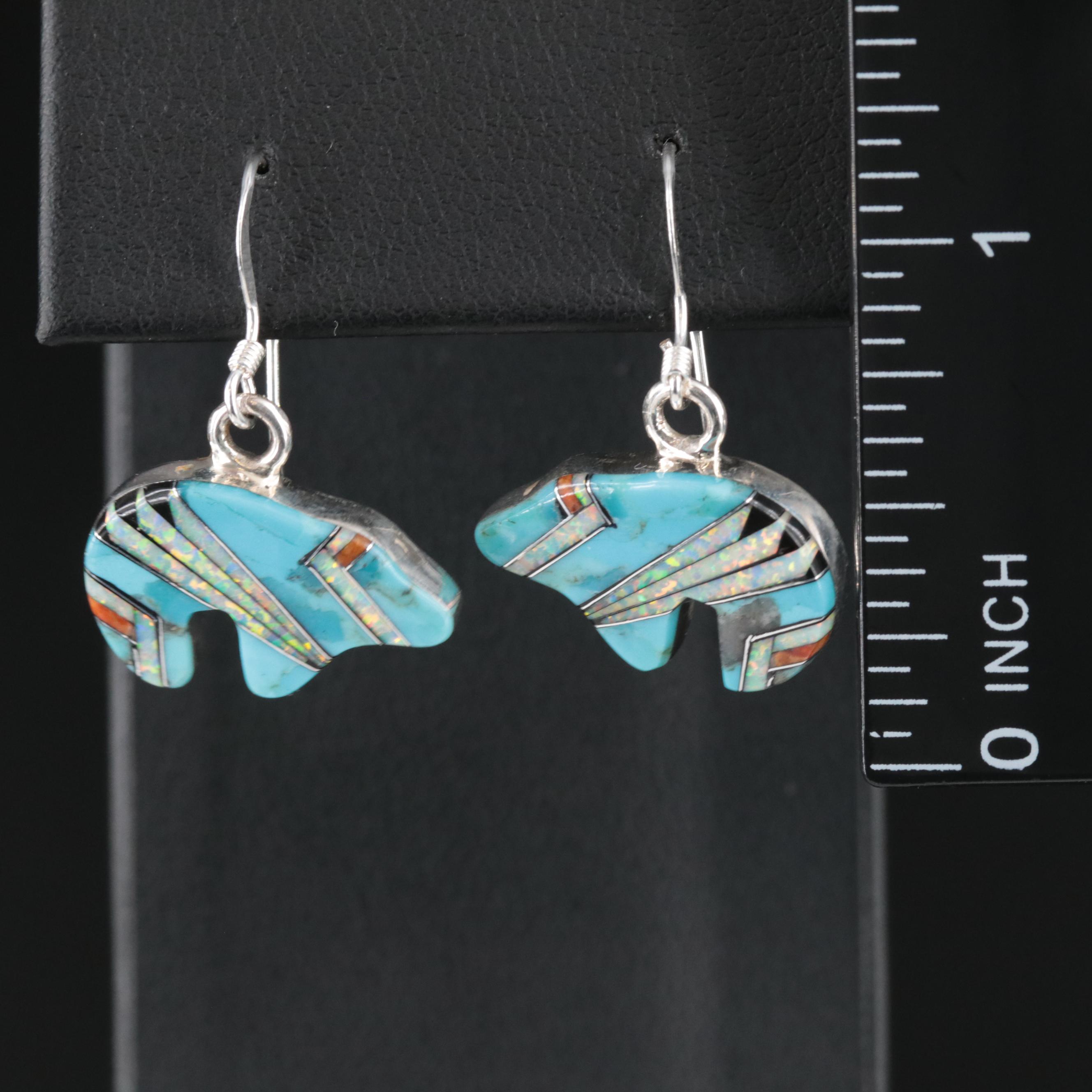 Southwestern Sterling Turquoise, Spiny Oyster and Opal Inlay Bear Earrings