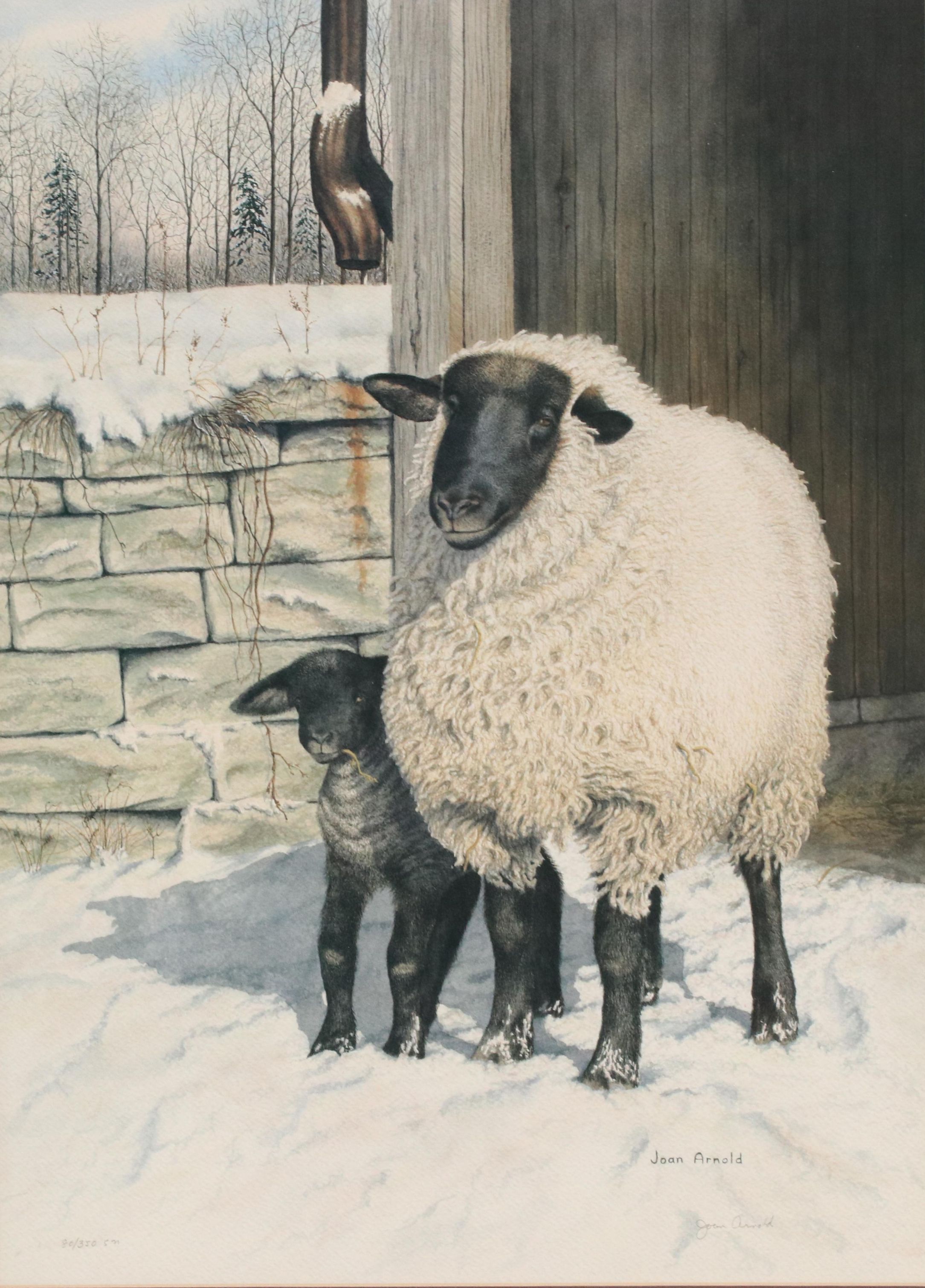 Joan Arnold Offset Lithograph of Sheep in Snowy Scene, Late 20th Century