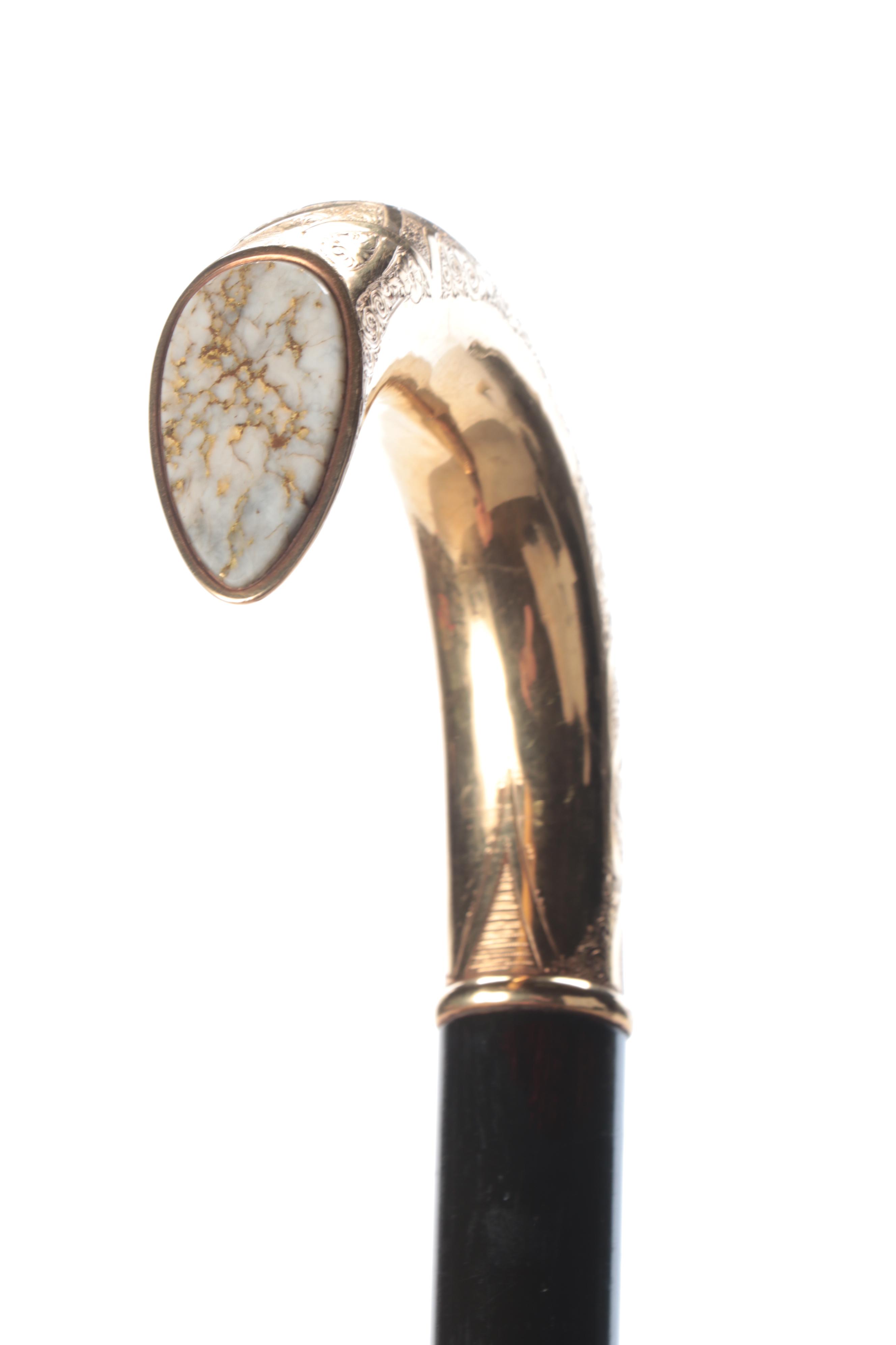 Gold Rush Era California or Nevada Gold-Veined Quartz Inset Gold Handled Cane