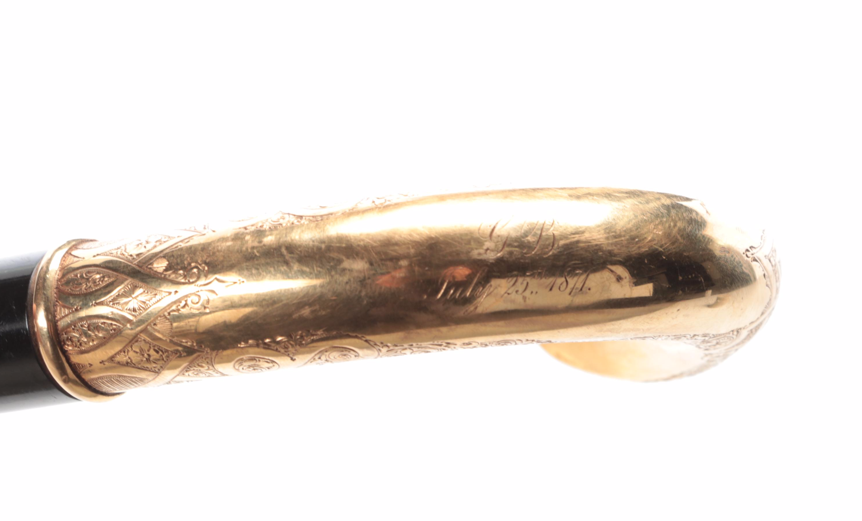 Gold Rush Era California or Nevada Gold-Veined Quartz Inset Gold Handled Cane