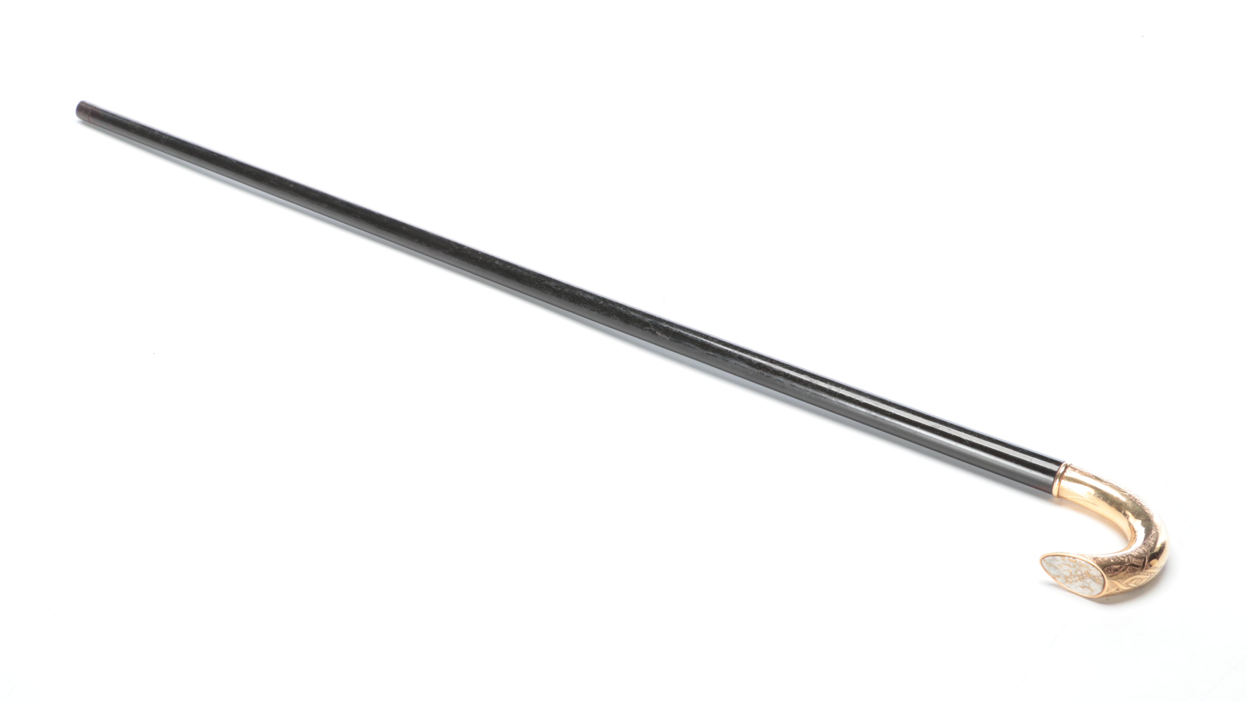 Gold Rush Era California or Nevada Gold-Veined Quartz Inset Gold Handled Cane