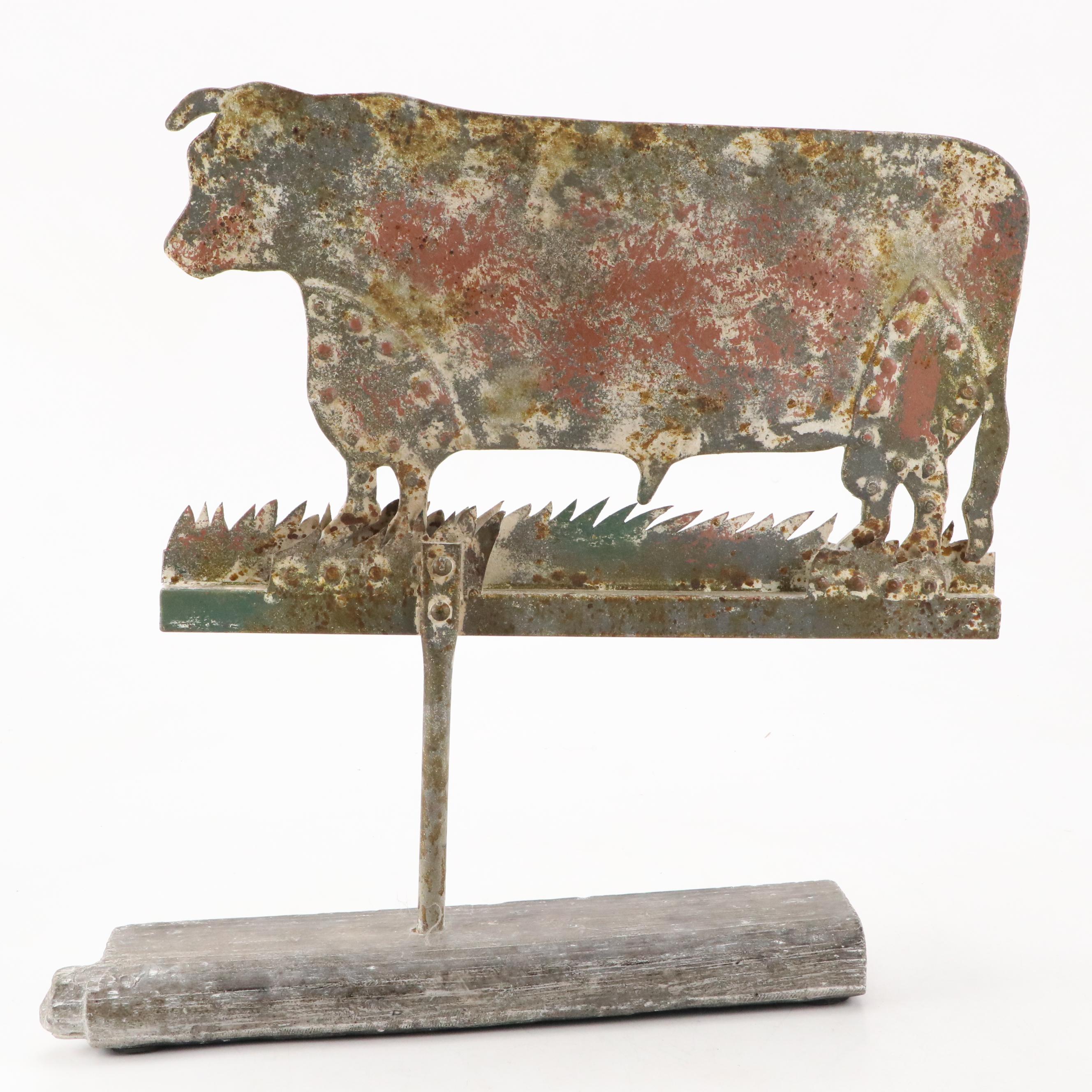 Folk Art Bull Weather Vane on Log Motif Ceramic Stand