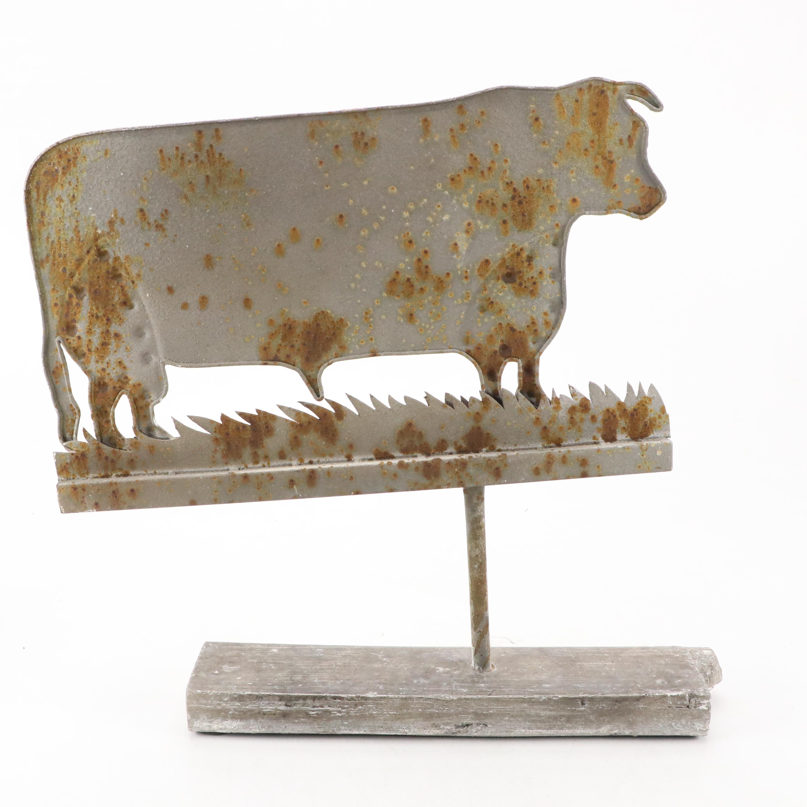 Folk Art Bull Weather Vane on Log Motif Ceramic Stand