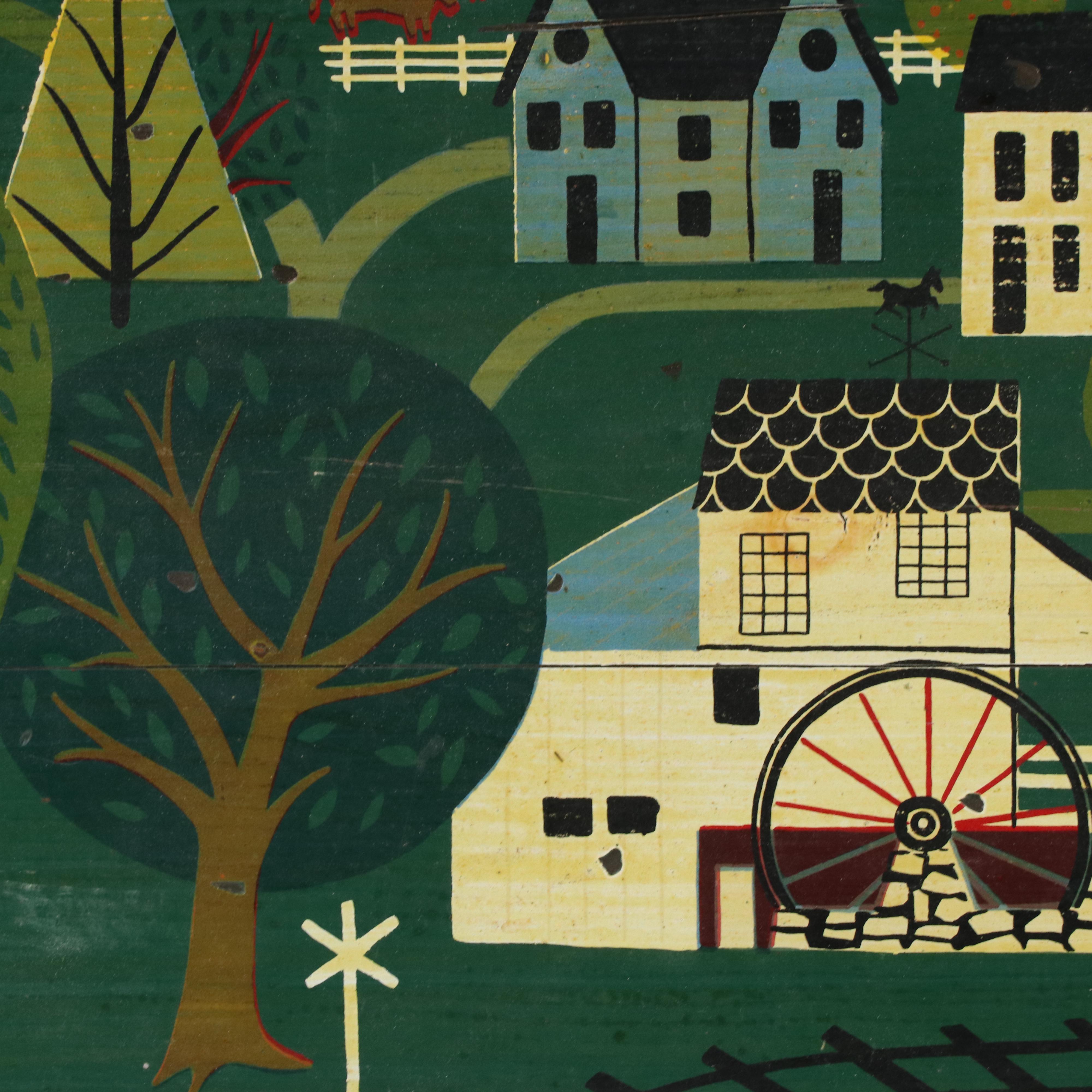 George Nathan Folk Art Oil Painting of Town Scene