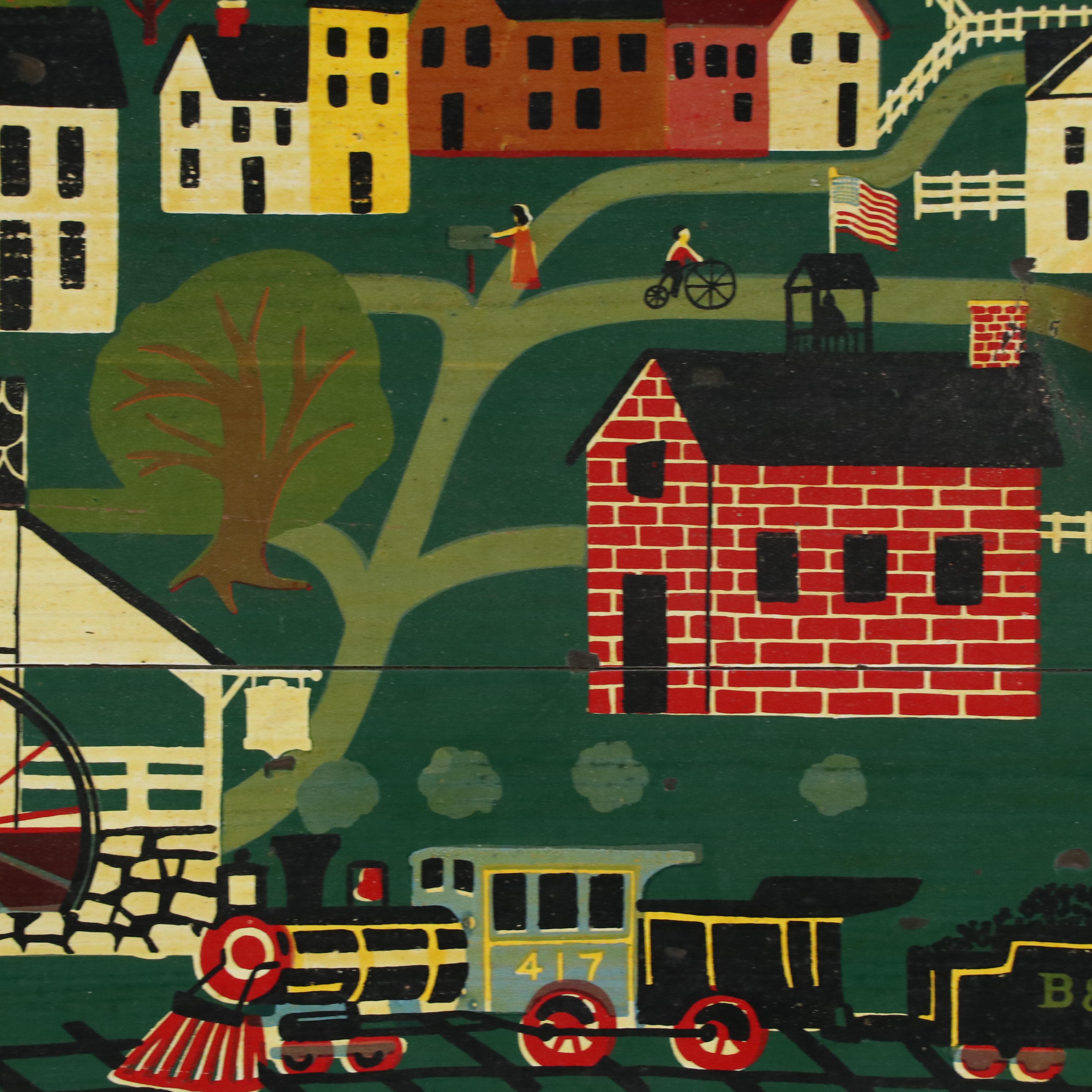 George Nathan Folk Art Oil Painting of Town Scene