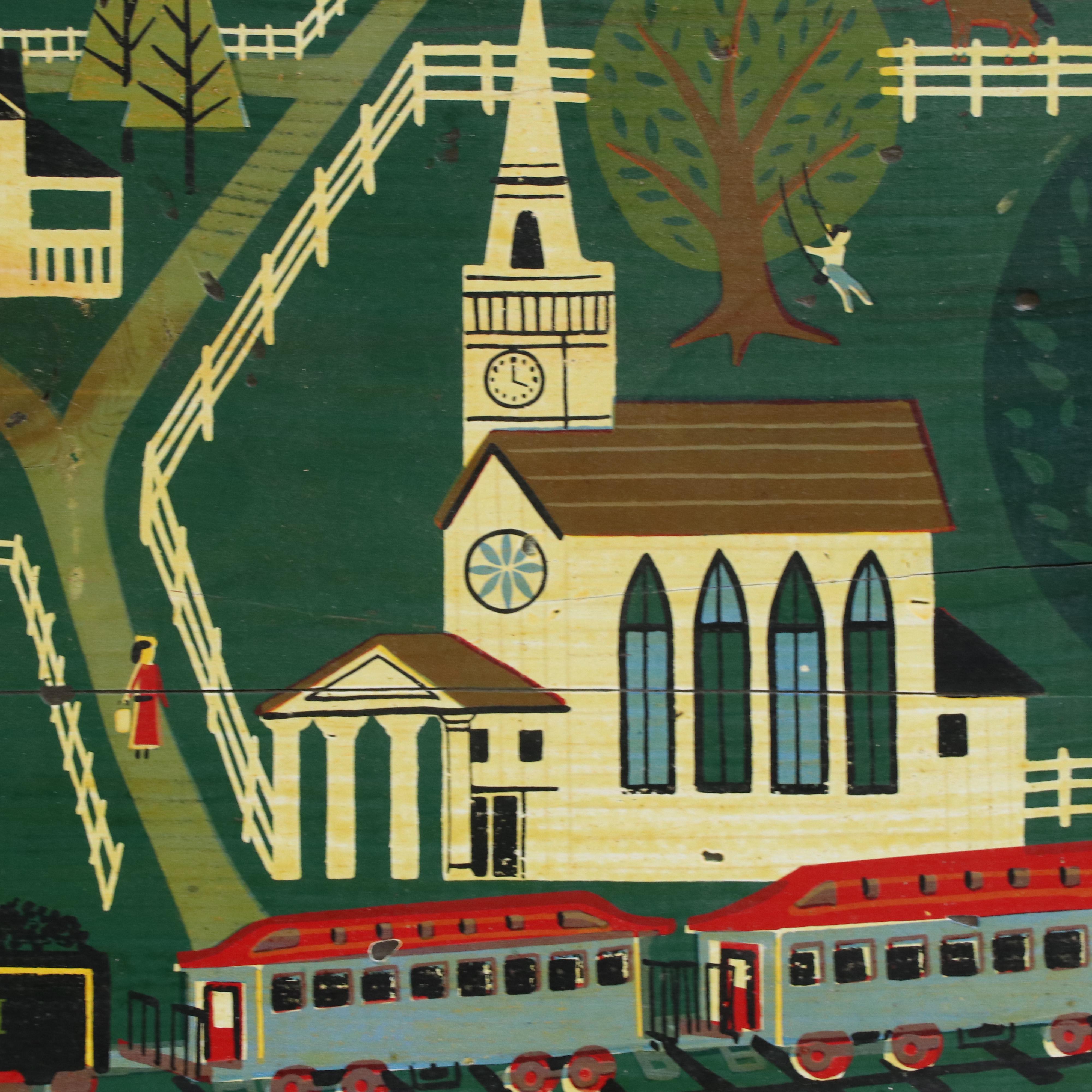 George Nathan Folk Art Oil Painting of Town Scene