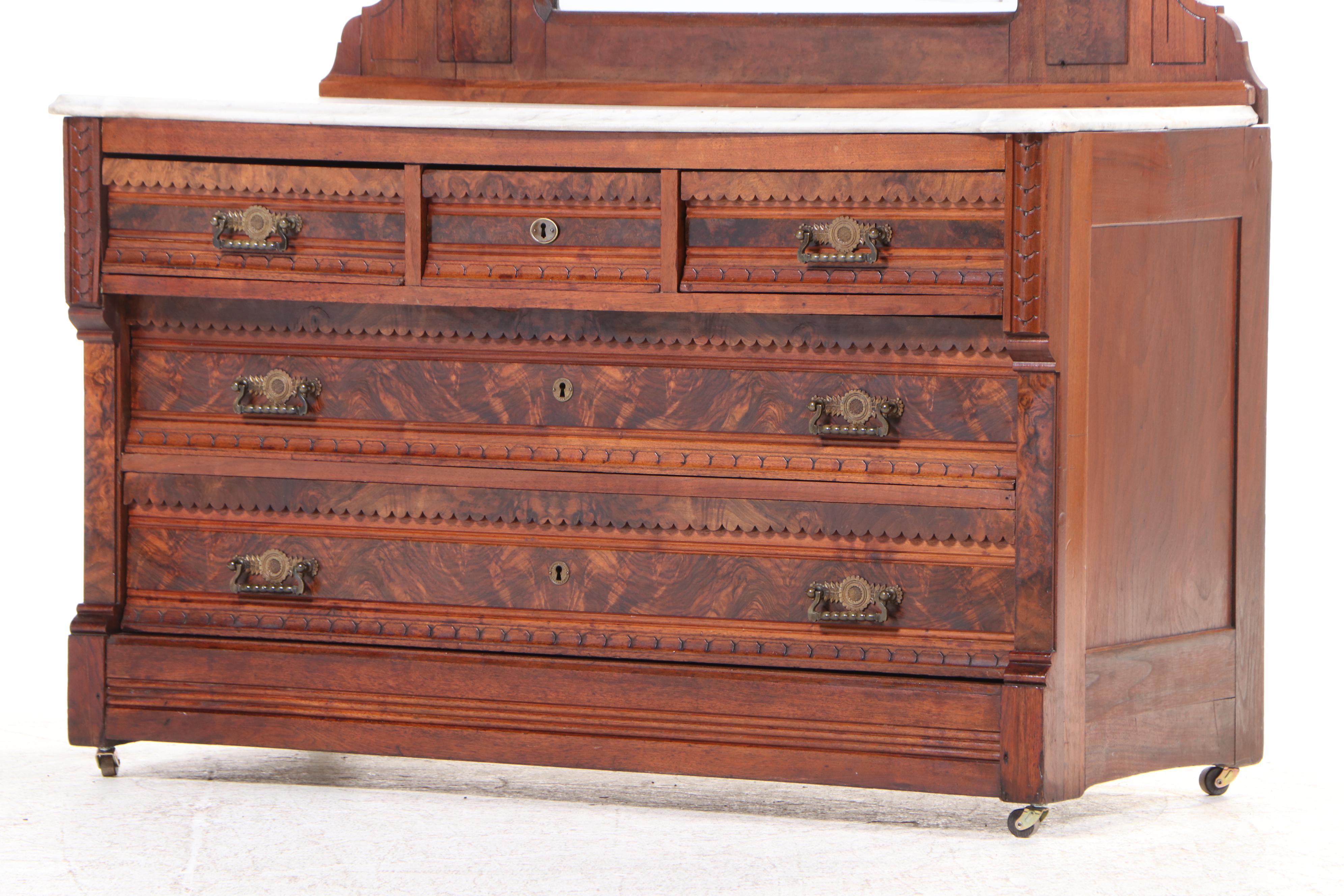 Victorian, Eastlake Style Walnut, Figured, Burl Walnut and Marble Dresser
