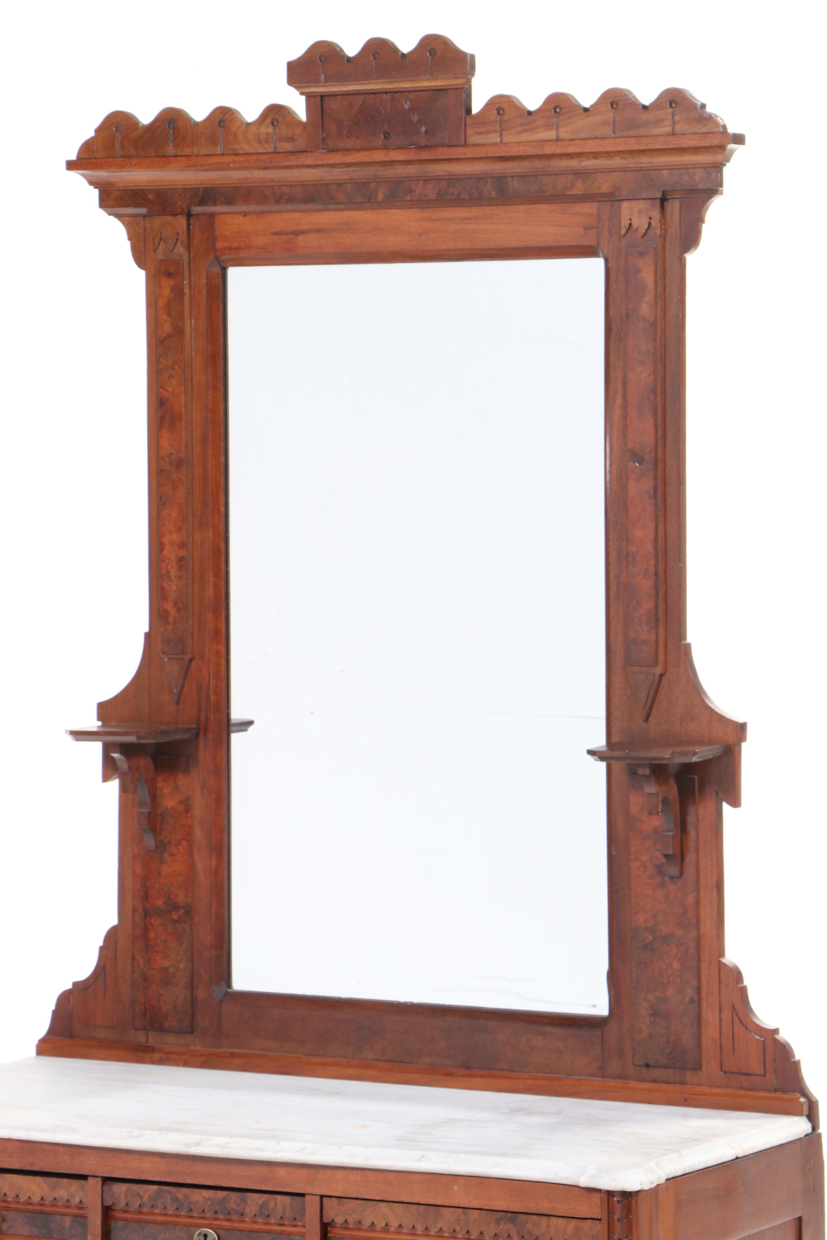 Victorian, Eastlake Style Walnut, Figured, Burl Walnut and Marble Dresser