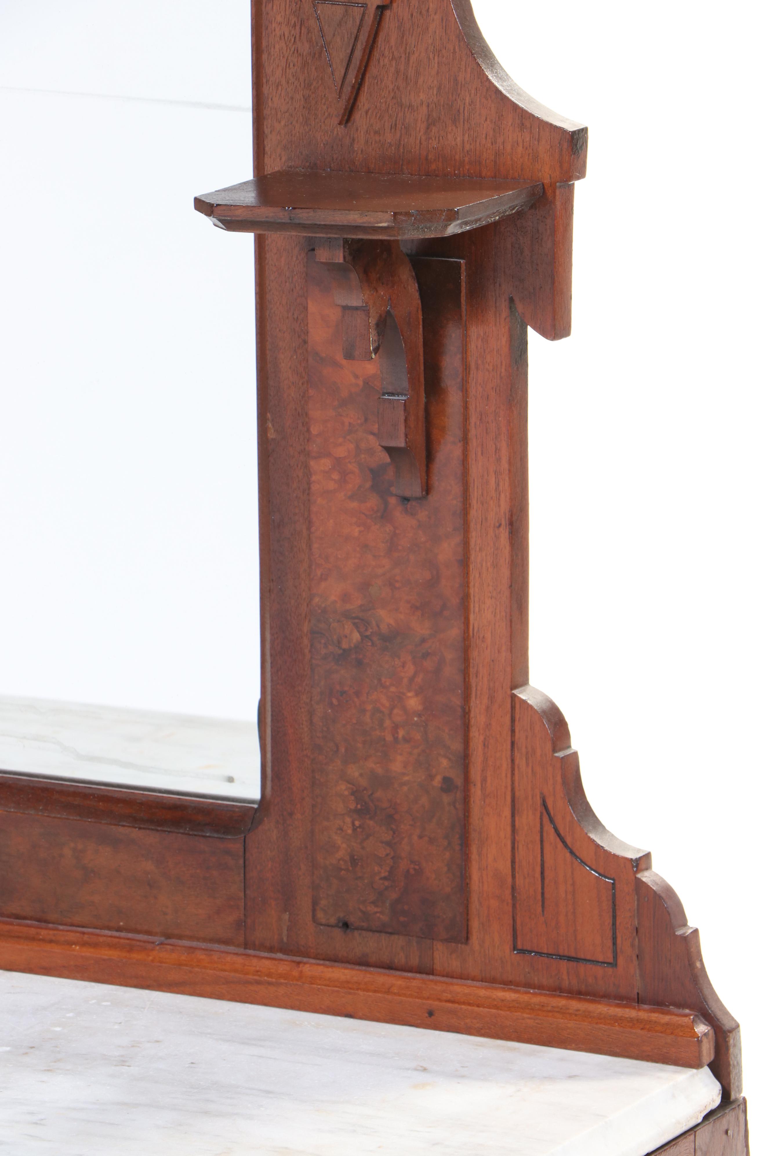 Victorian, Eastlake Style Walnut, Figured, Burl Walnut and Marble Dresser