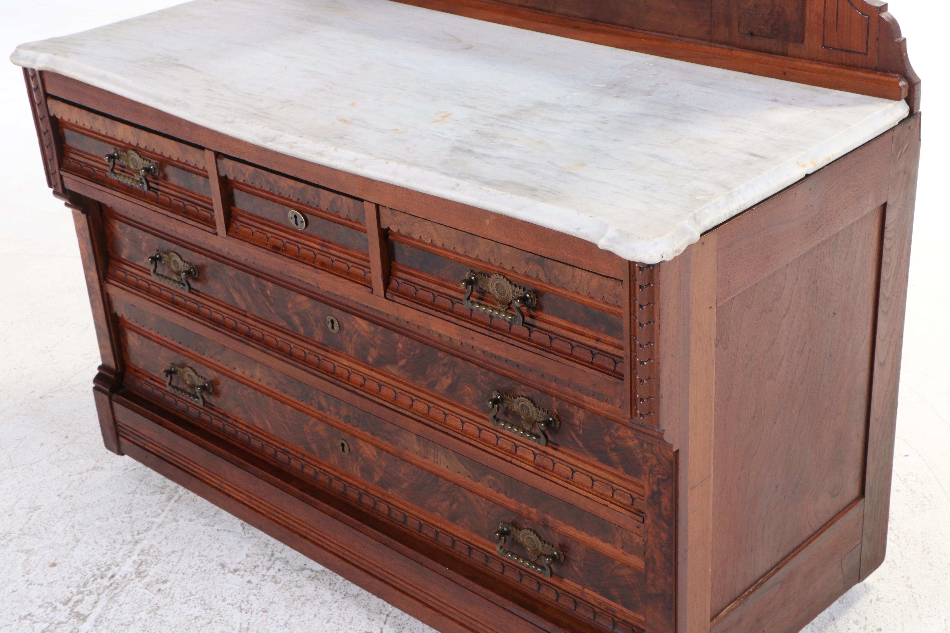 Victorian, Eastlake Style Walnut, Figured, Burl Walnut and Marble Dresser