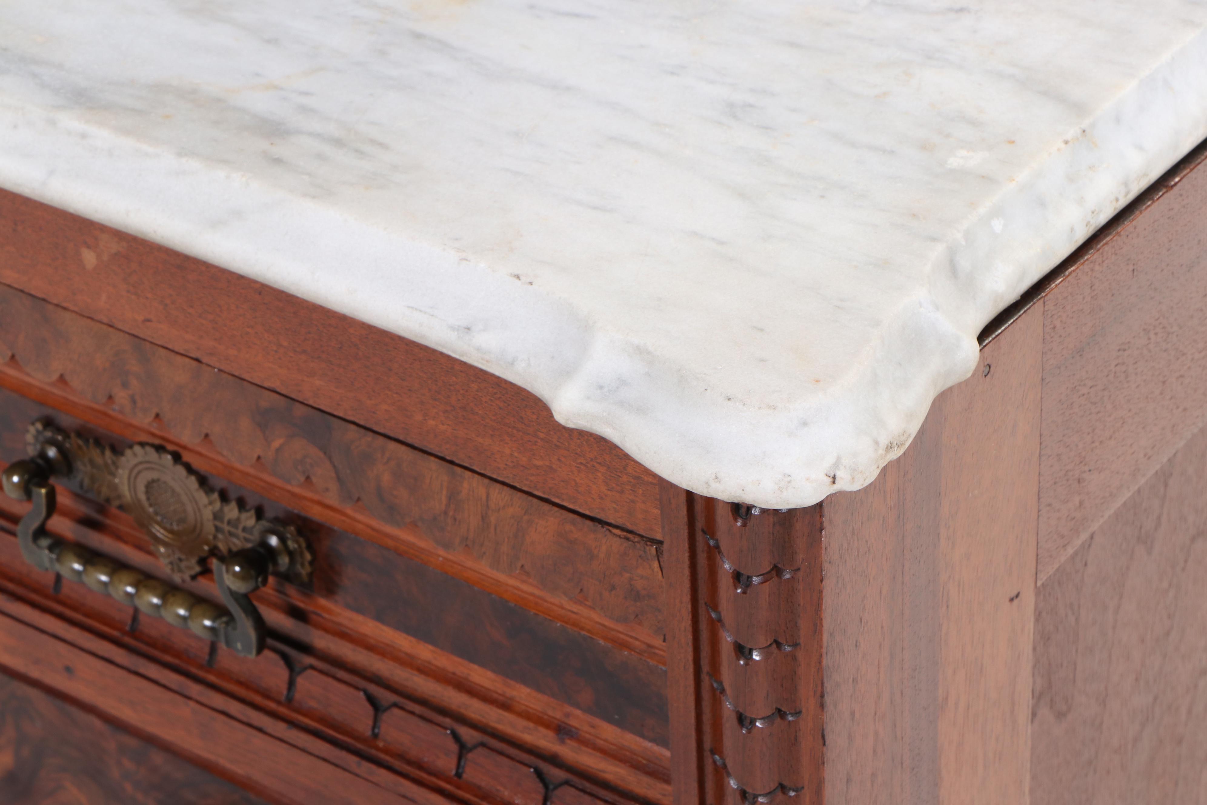 Victorian, Eastlake Style Walnut, Figured, Burl Walnut and Marble Dresser