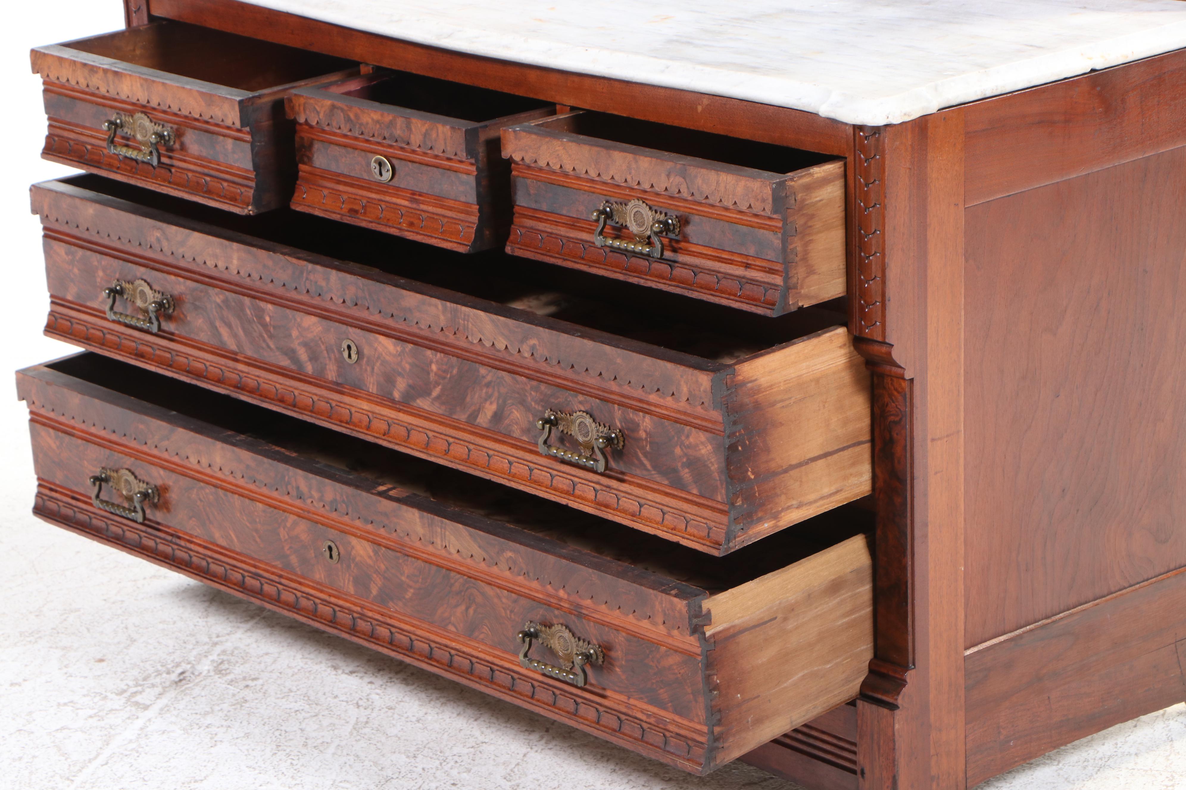 Victorian, Eastlake Style Walnut, Figured, Burl Walnut and Marble Dresser
