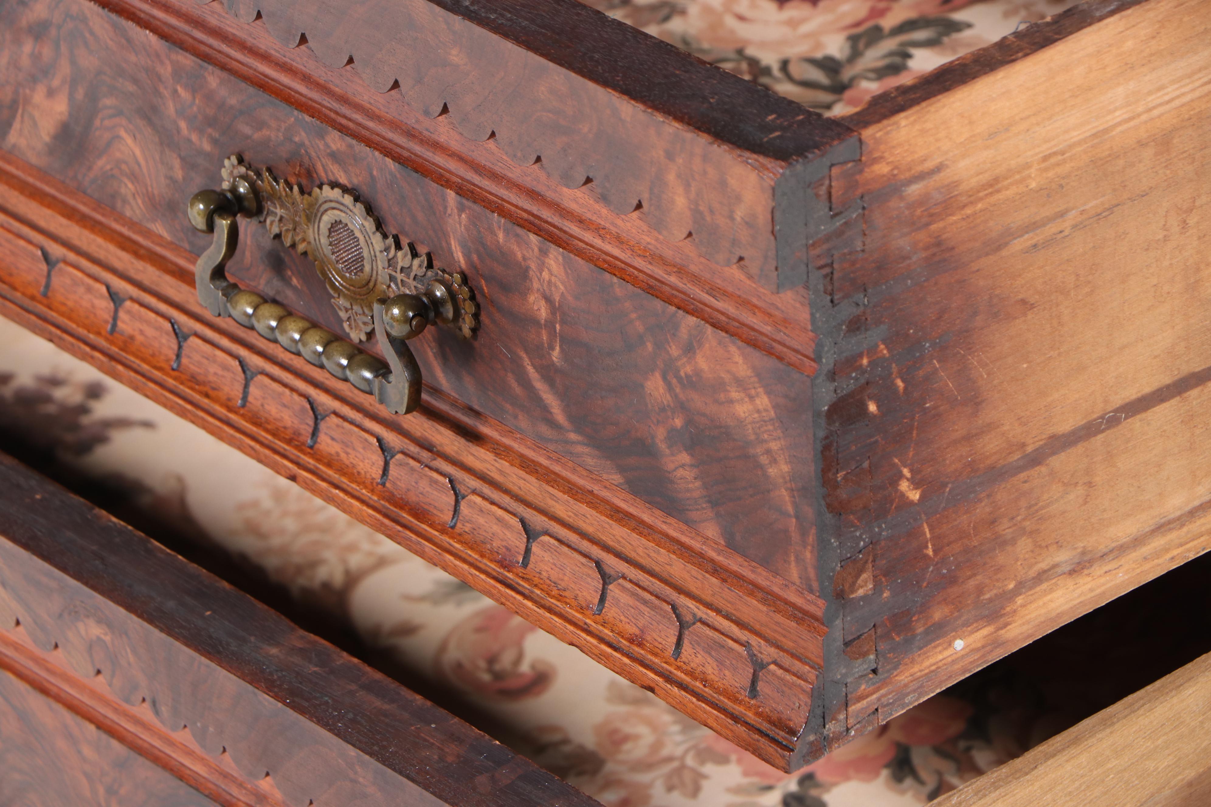Victorian, Eastlake Style Walnut, Figured, Burl Walnut and Marble Dresser