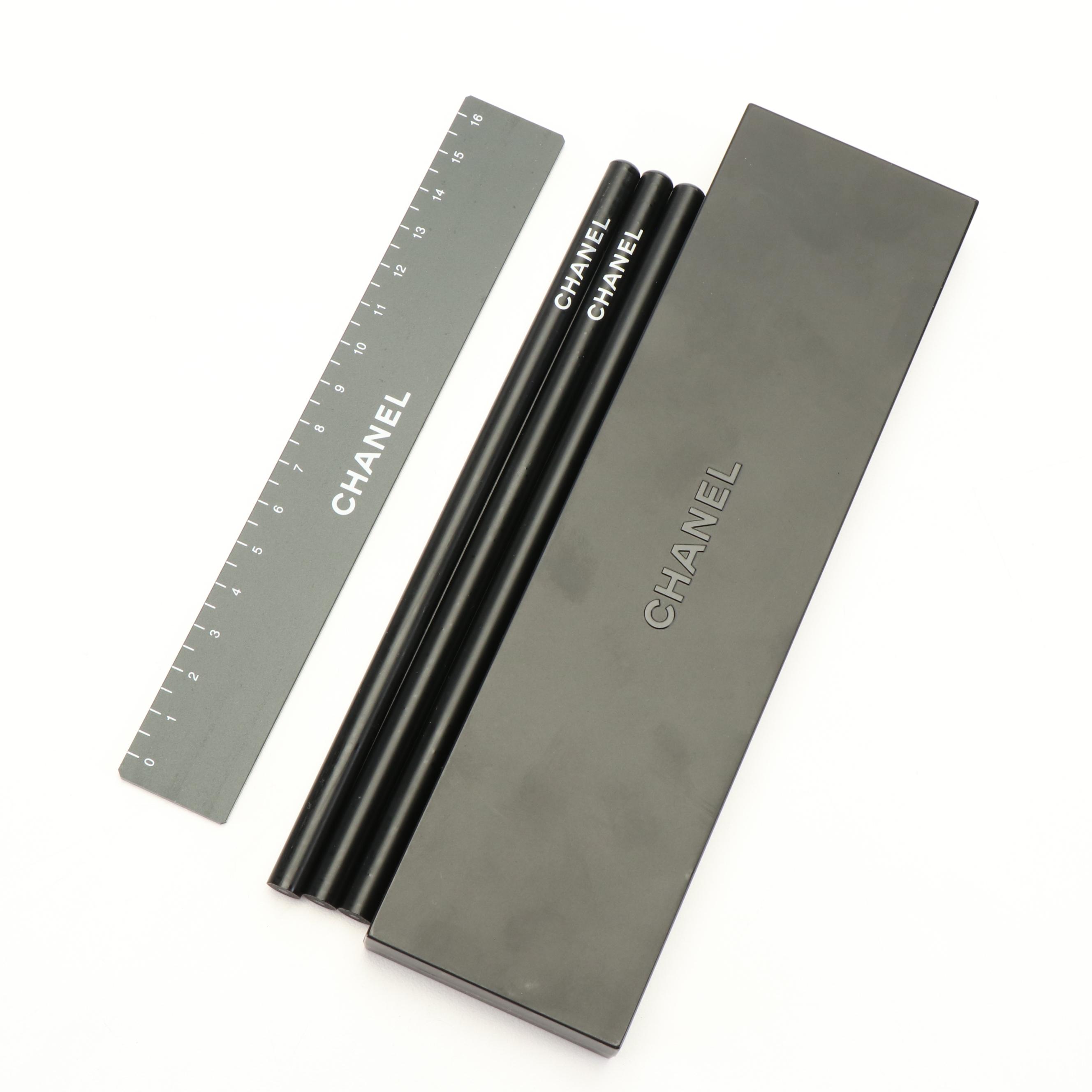 Chanel Embossed Plastic Pencil Case with Pencils and Ruler