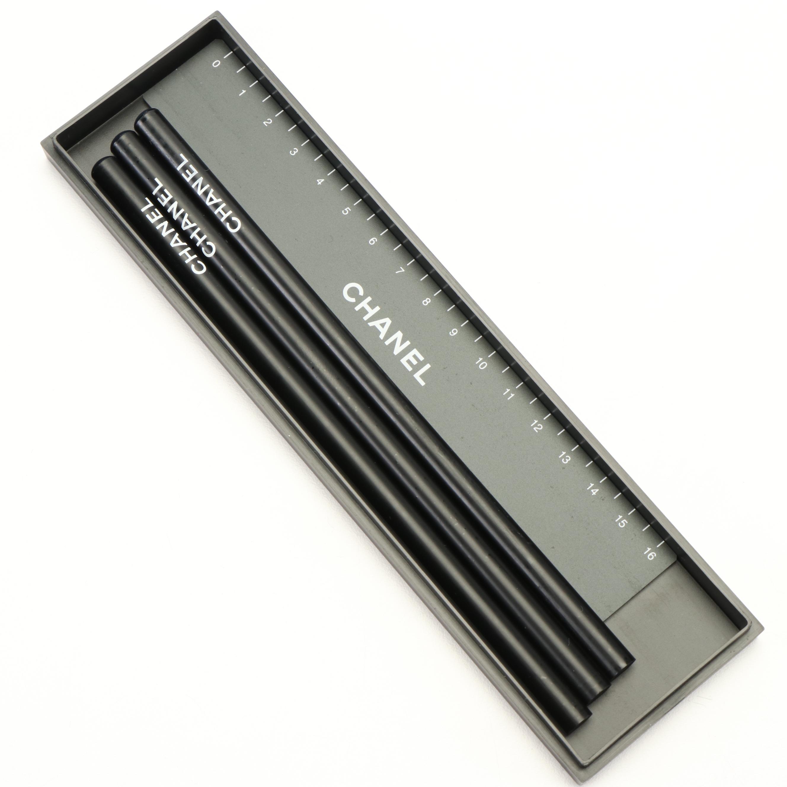 Chanel Embossed Plastic Pencil Case with Pencils and Ruler