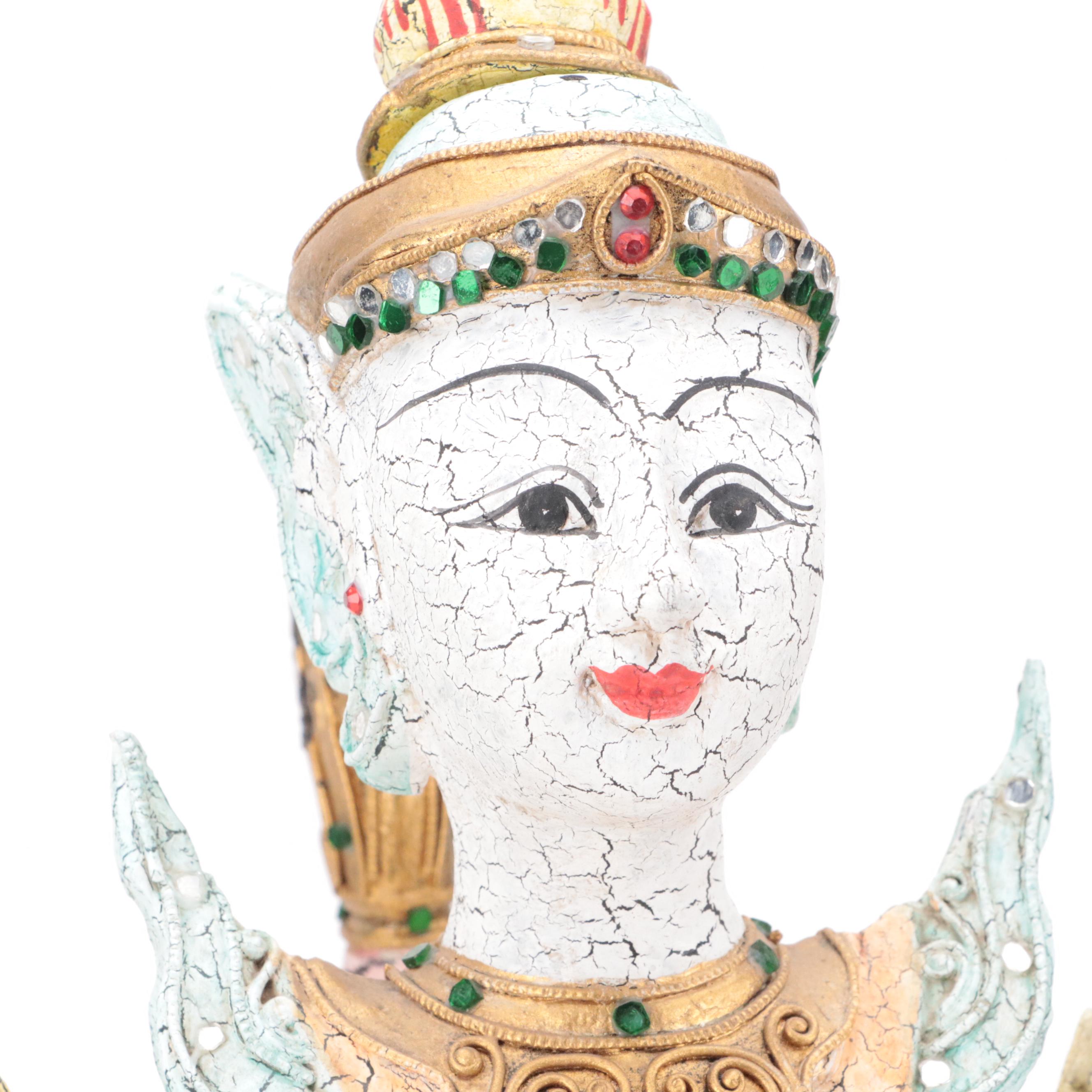 Thai "Kinnaree" Handmade Giltwood and Colored Glass Decorated Harpy Figurine