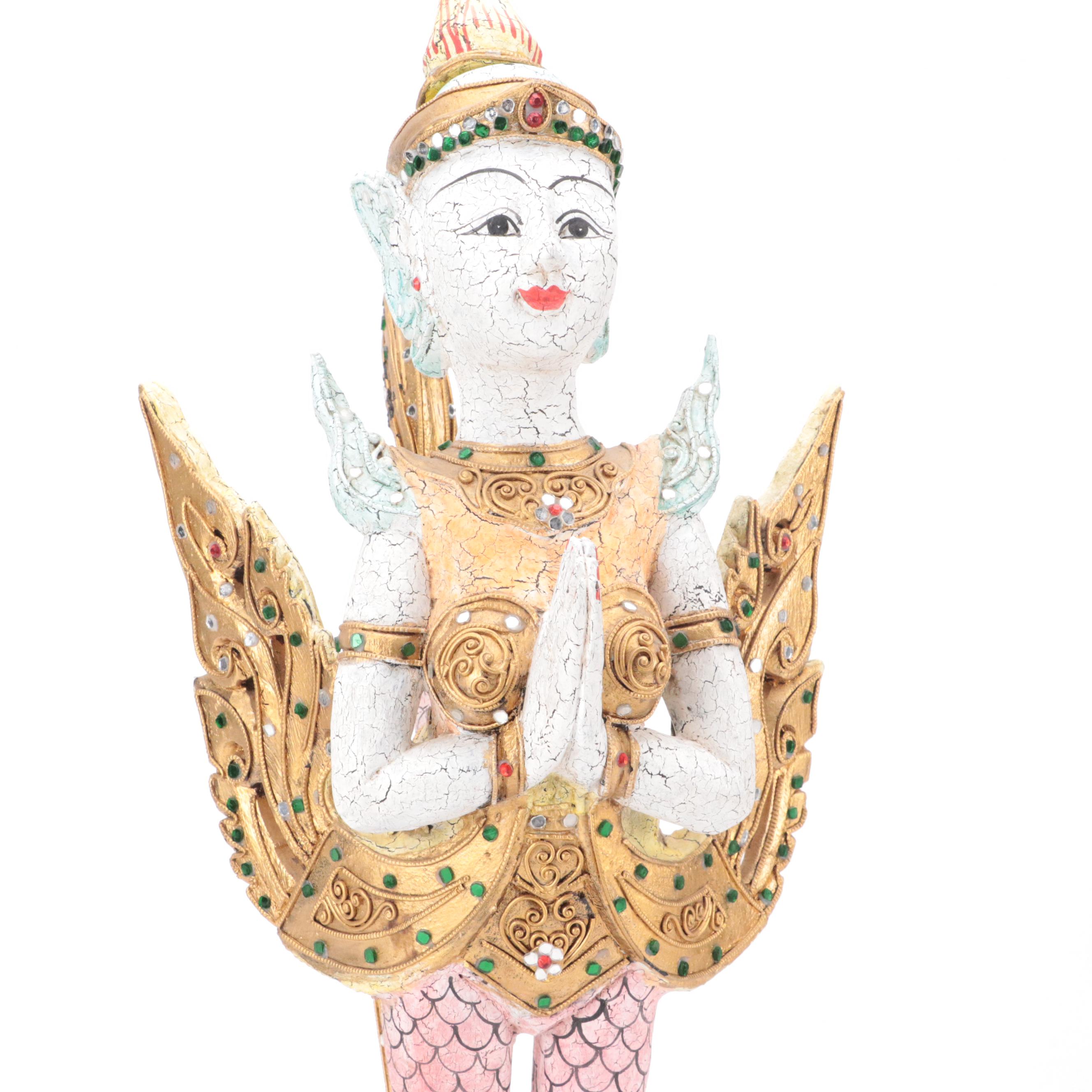 Thai "Kinnaree" Handmade Giltwood and Colored Glass Decorated Harpy Figurine