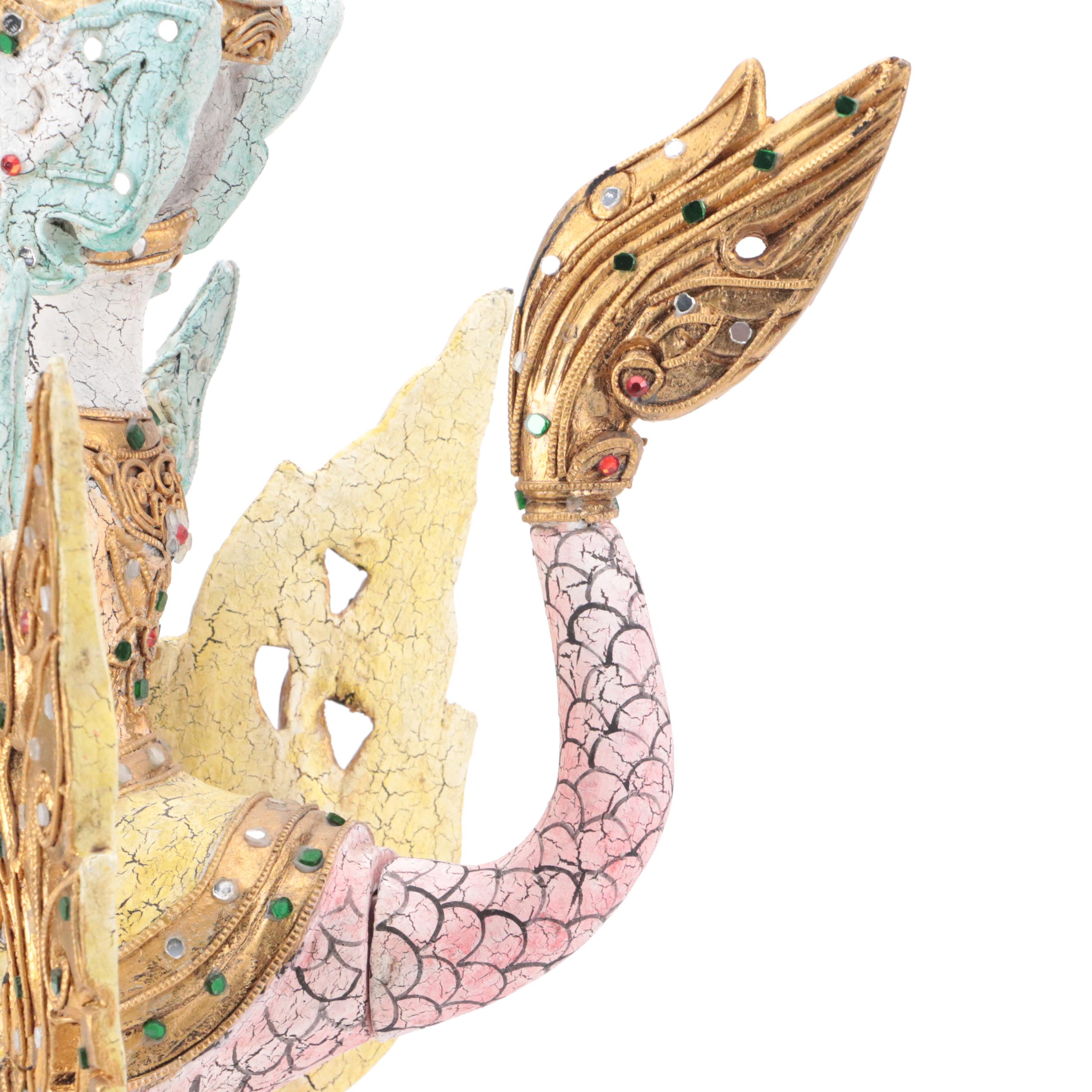 Thai "Kinnaree" Handmade Giltwood and Colored Glass Decorated Harpy Figurine