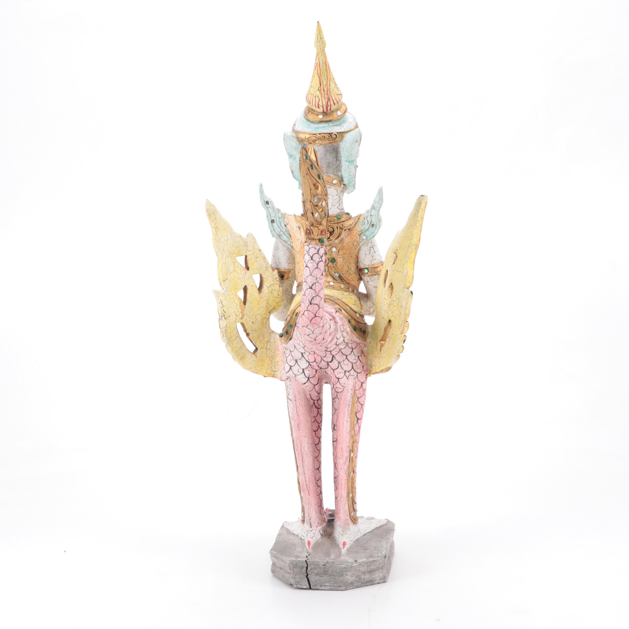 Thai "Kinnaree" Handmade Giltwood and Colored Glass Decorated Harpy Figurine