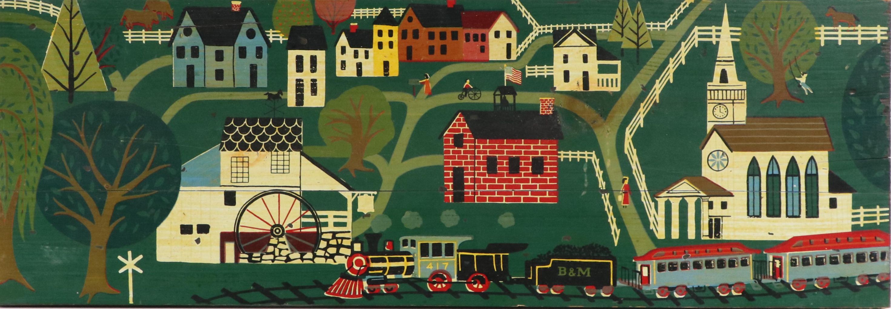 George Nathan Folk Art Oil Painting of Town Scene