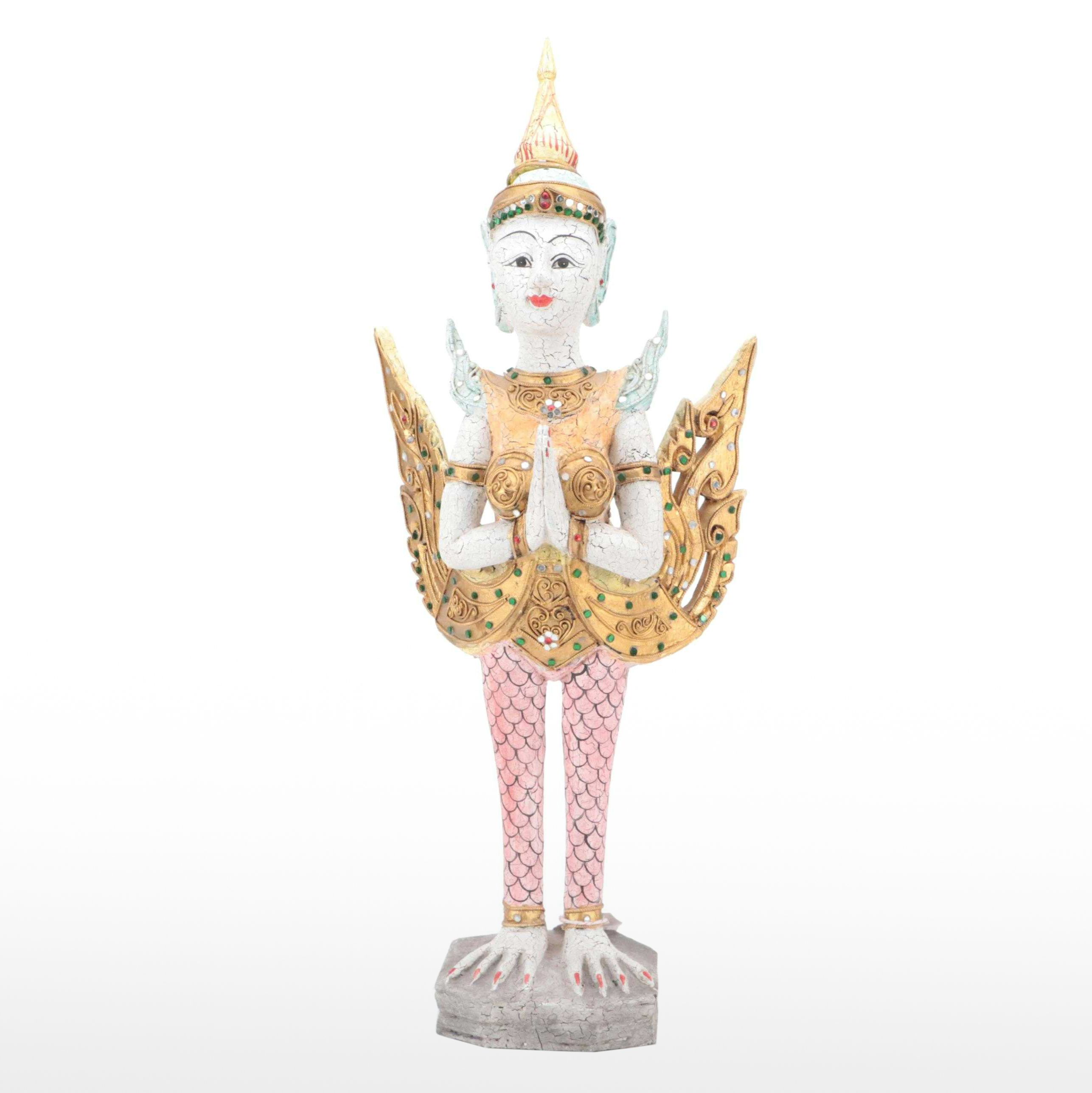 Thai "Kinnaree" Handmade Giltwood and Colored Glass Decorated Harpy Figurine