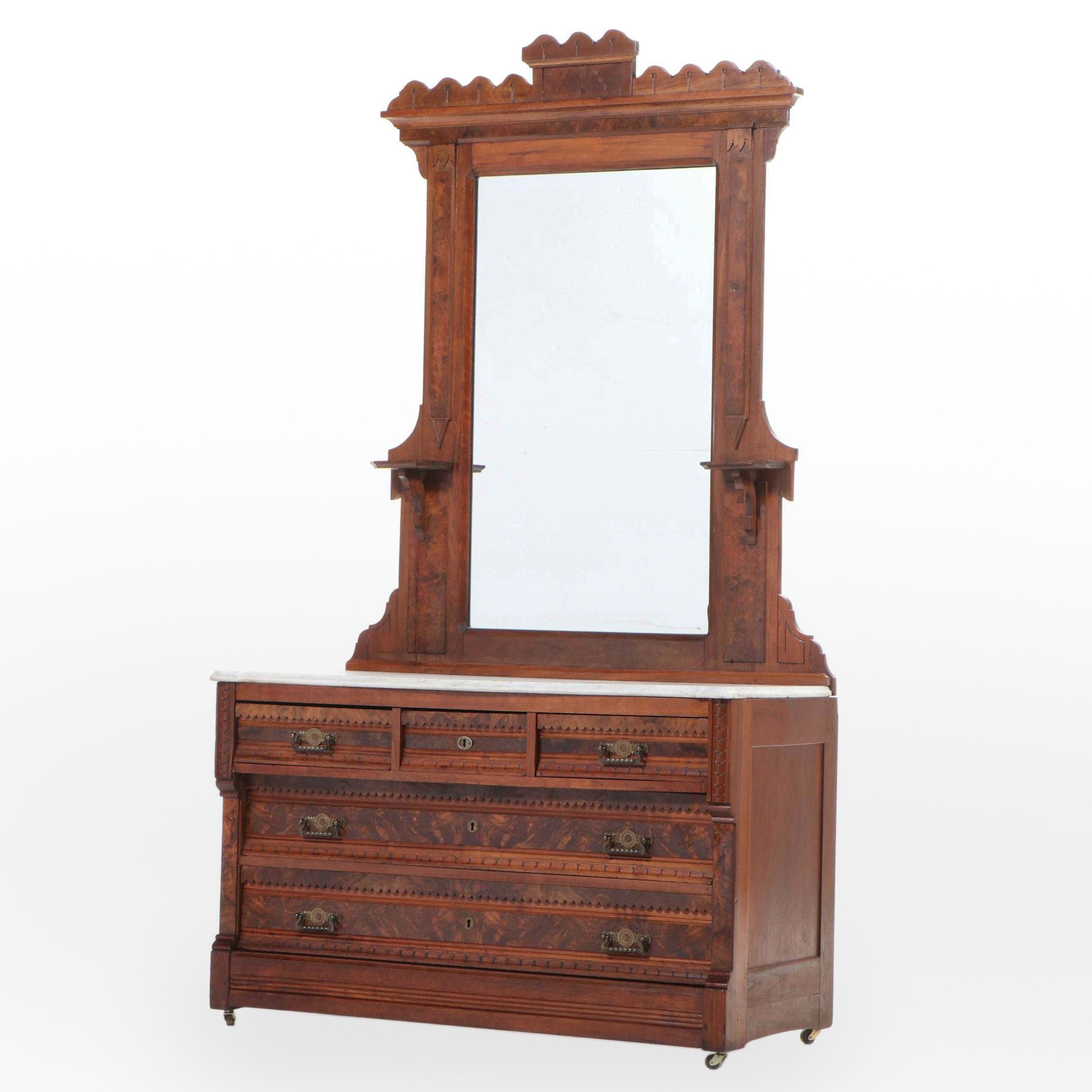 Victorian, Eastlake Style Walnut, Figured, Burl Walnut and Marble Dresser