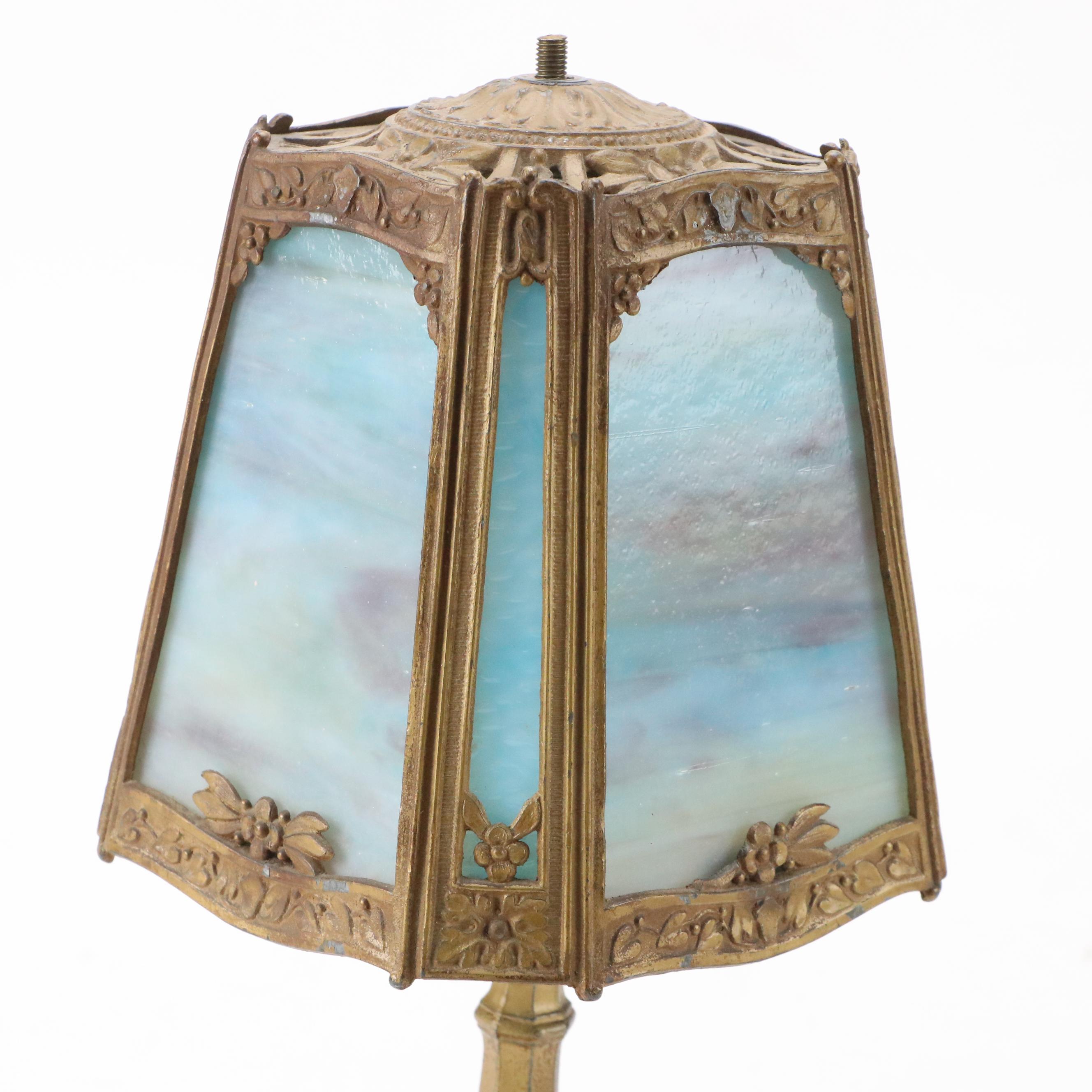 Art Nouveau Style Table Lamp with Octagonal Slag Glass Shade
