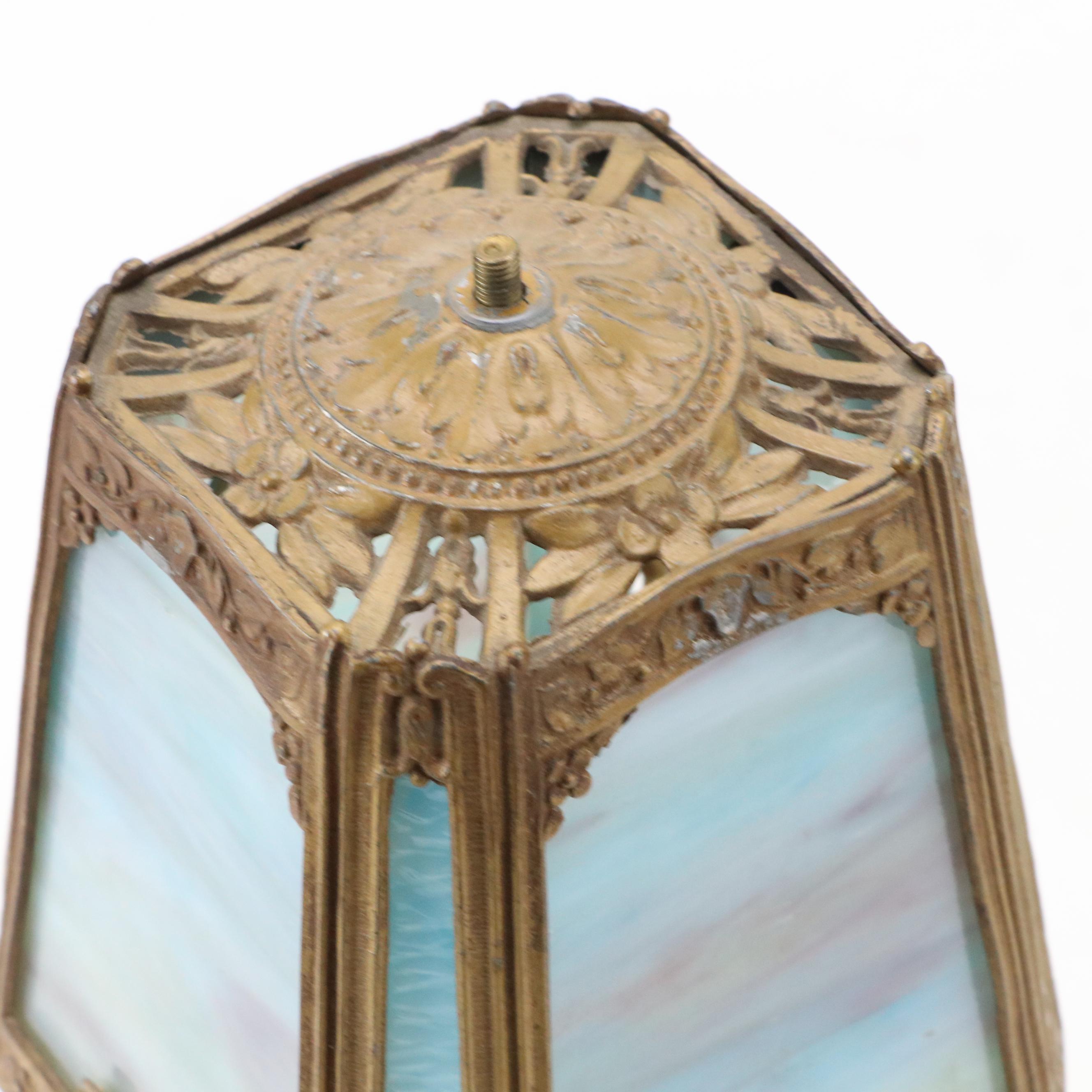 Art Nouveau Style Table Lamp with Octagonal Slag Glass Shade