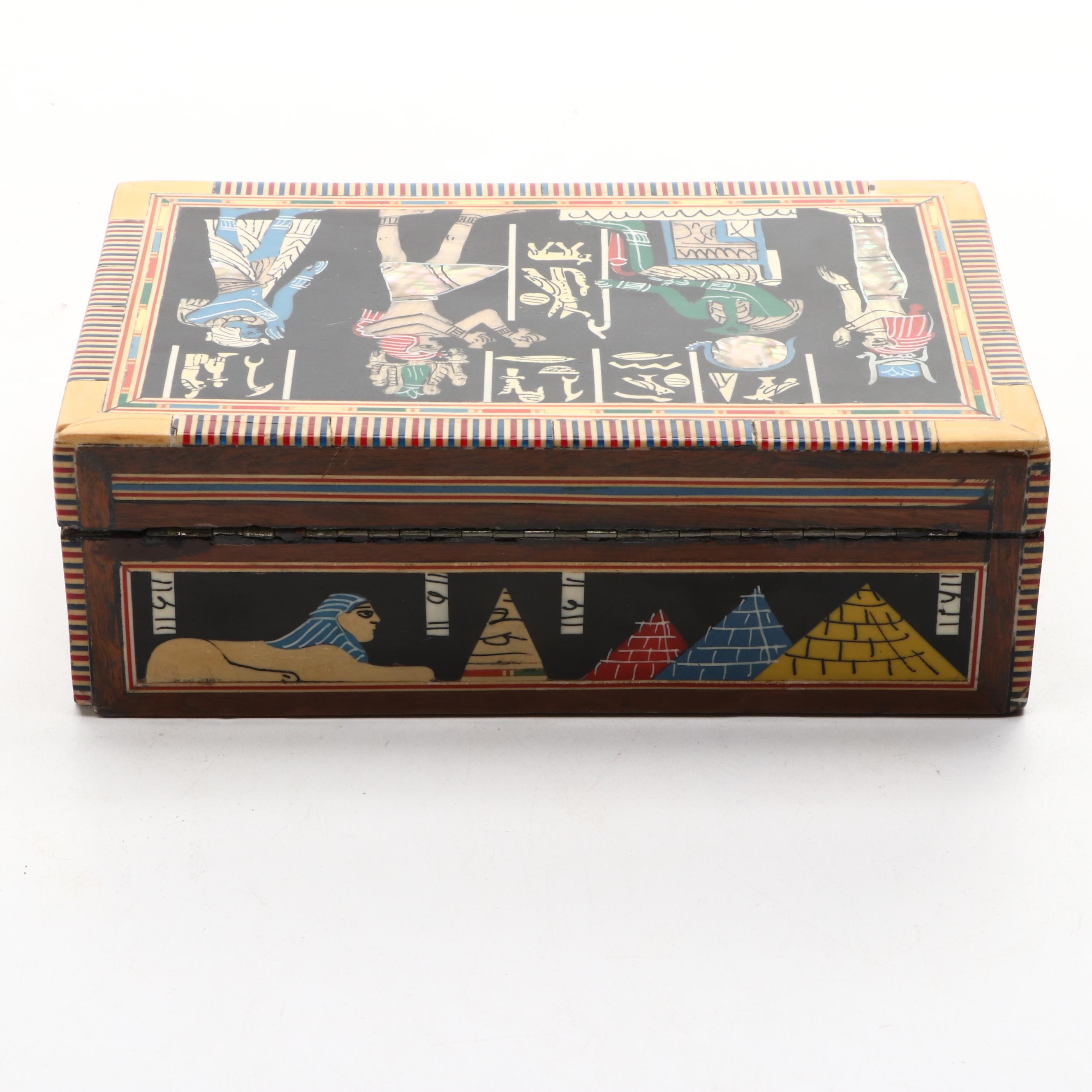 Decorative Storage Box Featuring Mother-of-Peral Inlay and Egyptian Style Glyphs