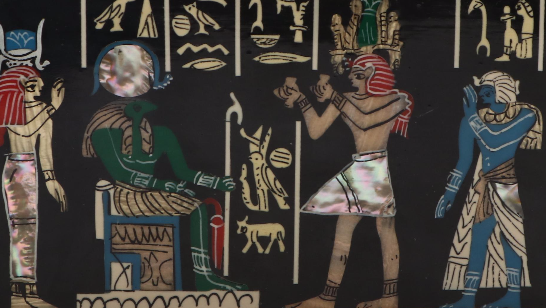 Decorative Storage Box Featuring Mother-of-Peral Inlay and Egyptian Style Glyphs