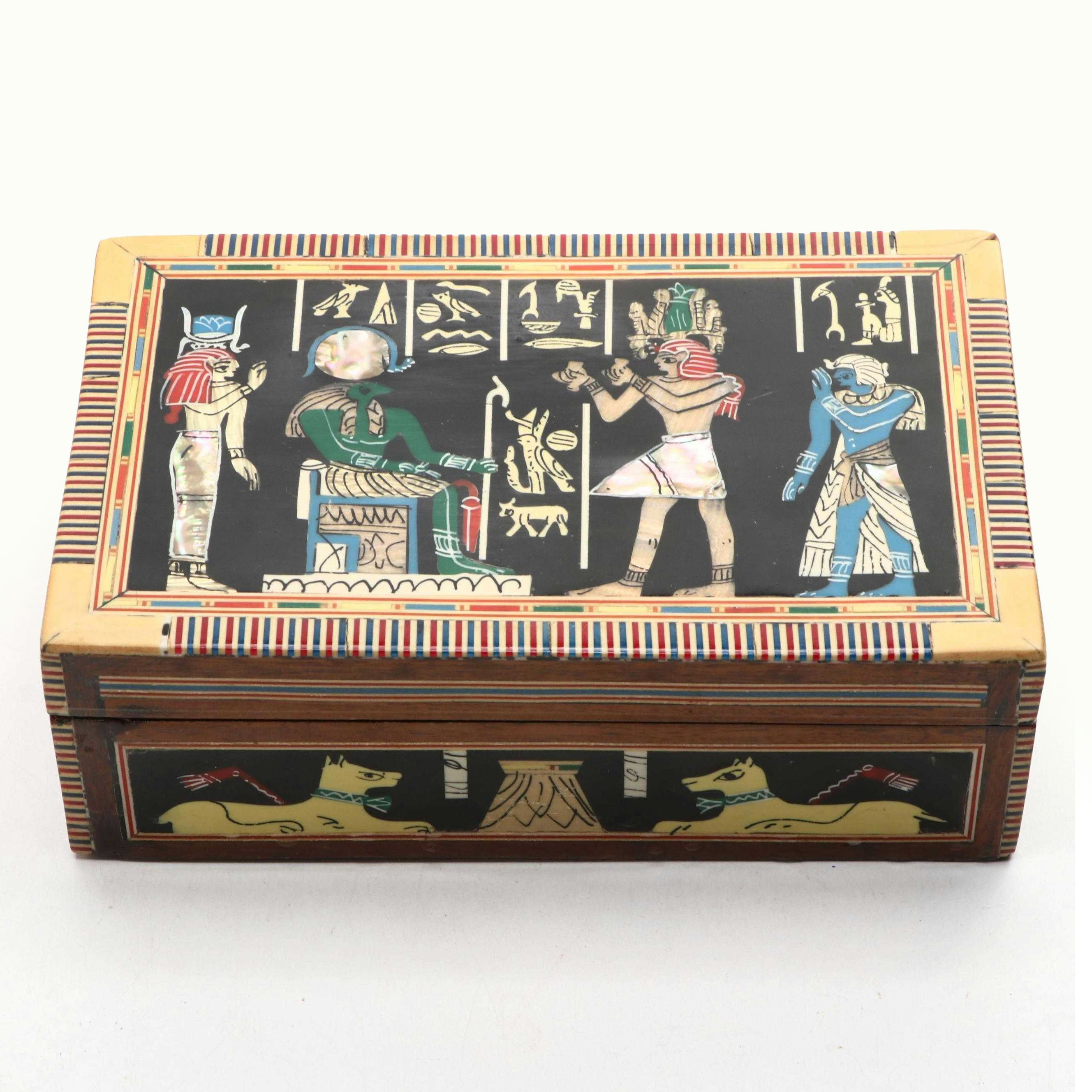 Decorative Storage Box Featuring Mother-of-Peral Inlay and Egyptian Style Glyphs