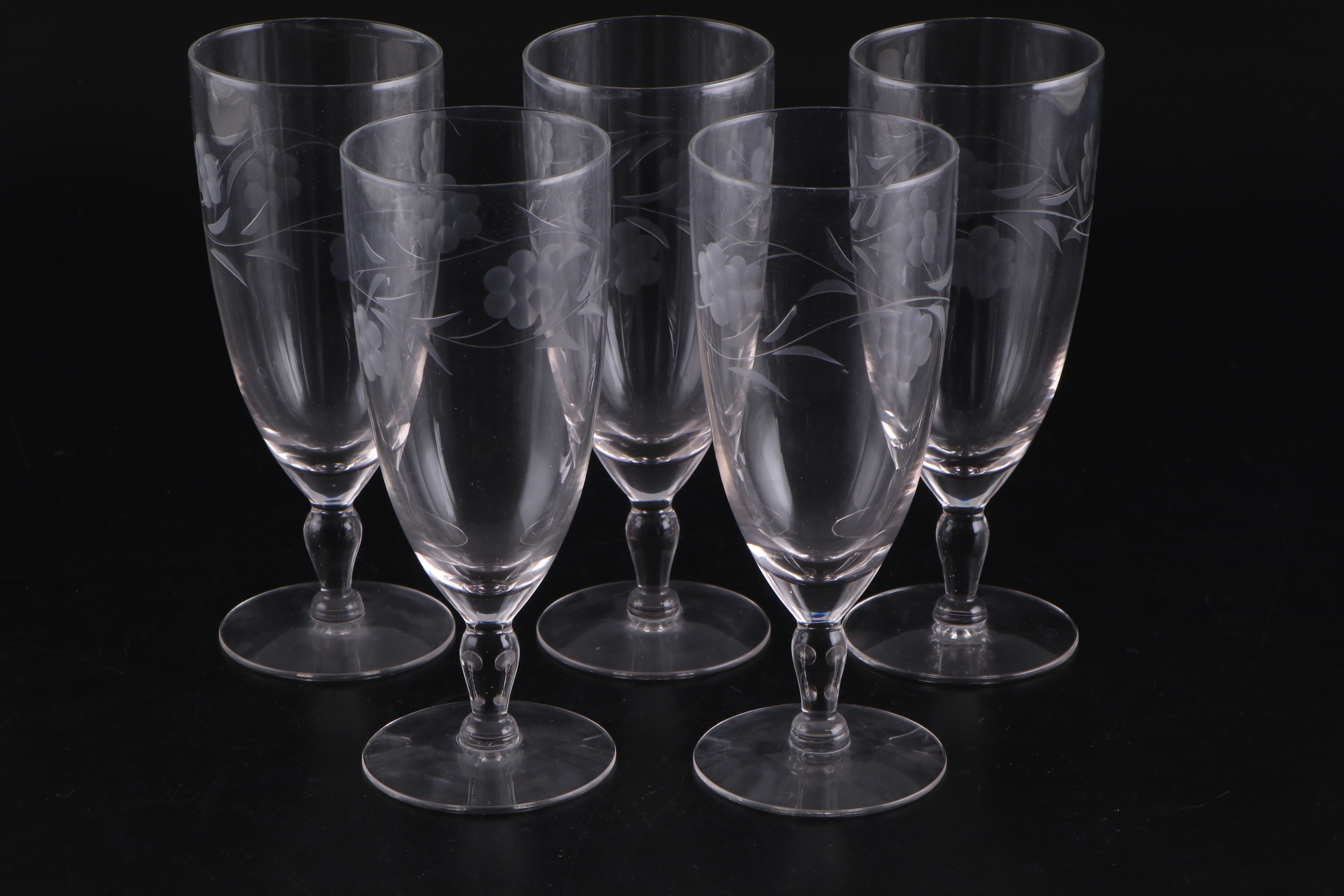 Floral Motif Glass Water Goblets and Lowball Glasses