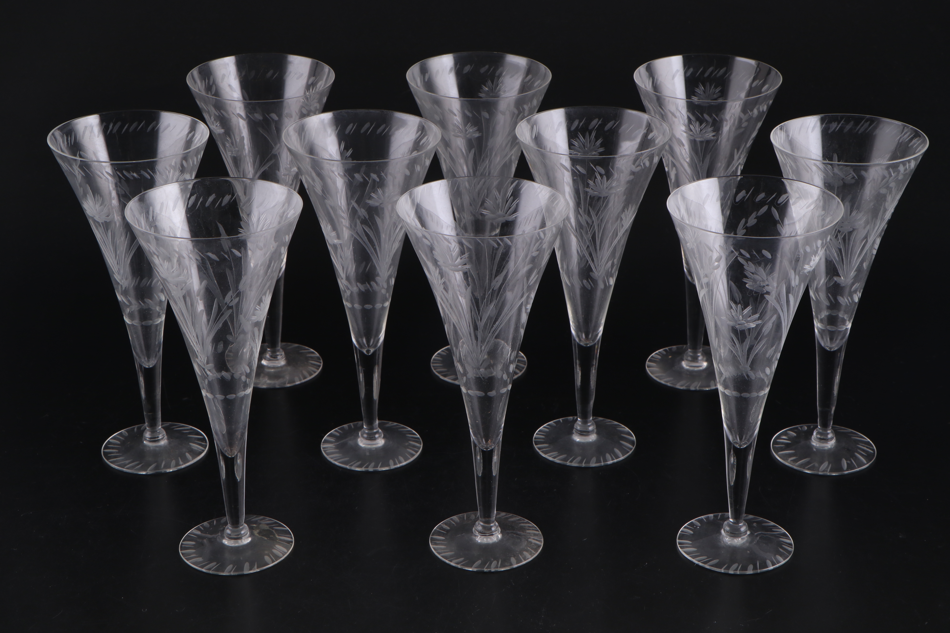 Floral Motif Glass Water Goblets and Lowball Glasses