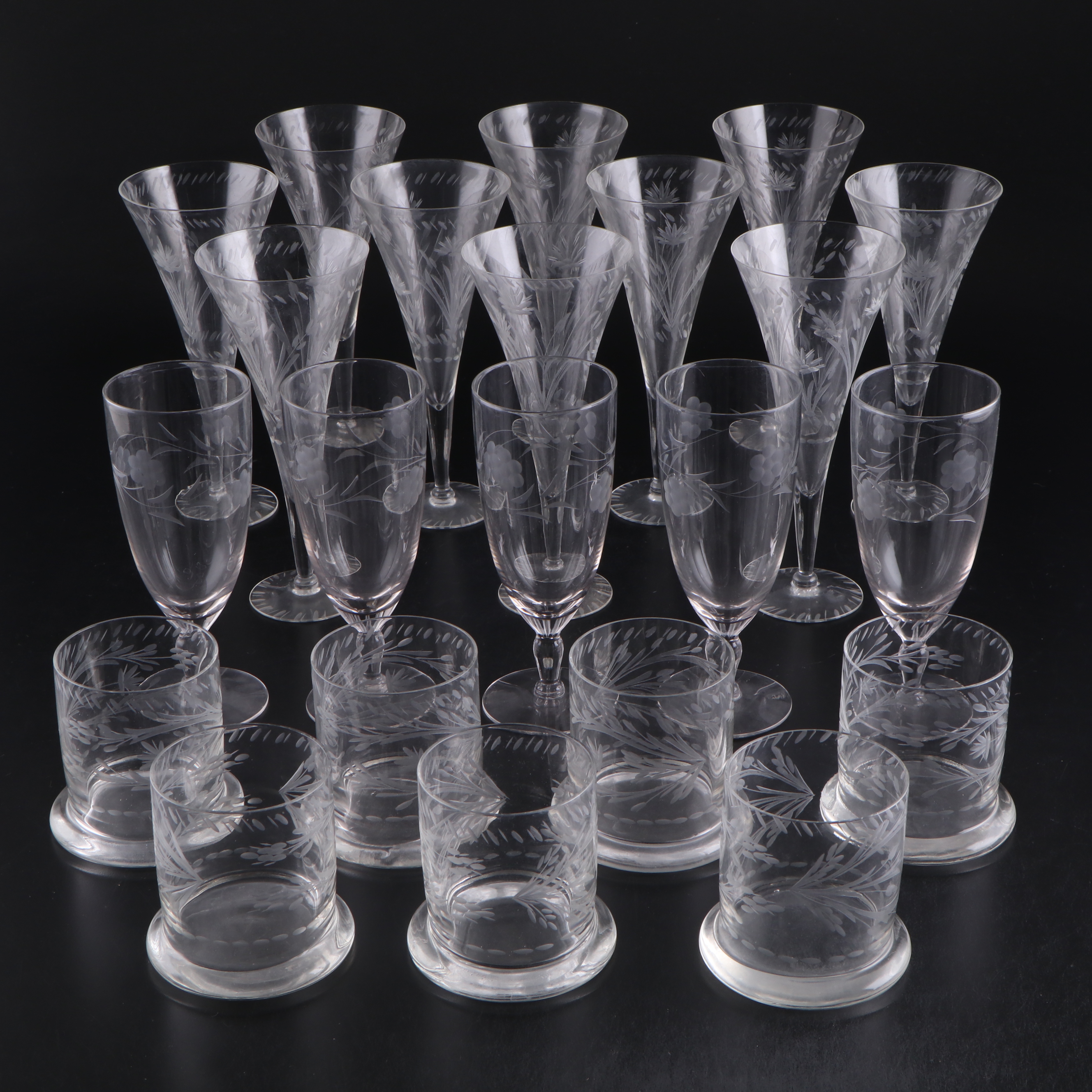 Floral Motif Glass Water Goblets and Lowball Glasses