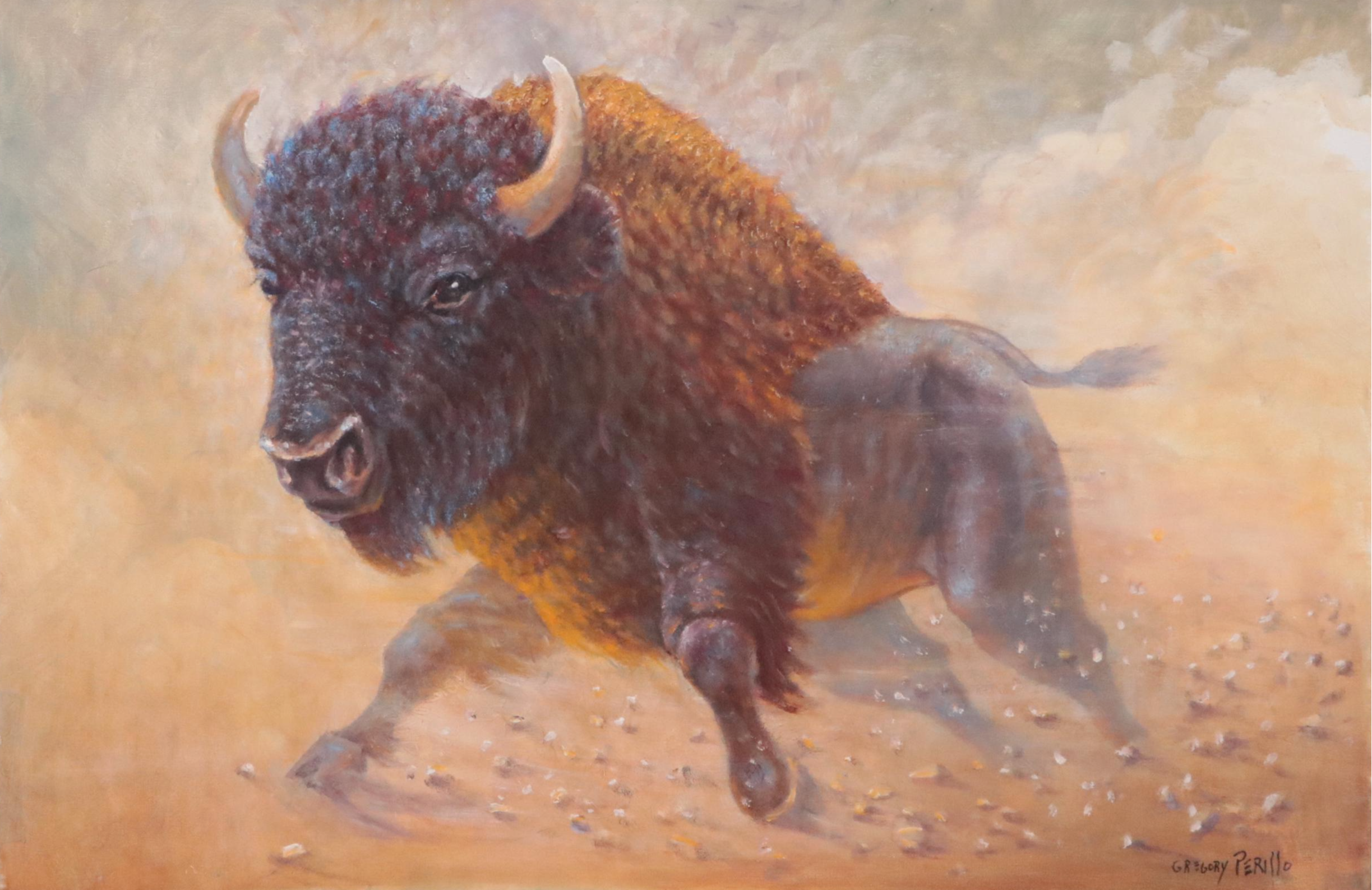 Gregory Perillo Western Oil Painting of a Bison, 21st Century