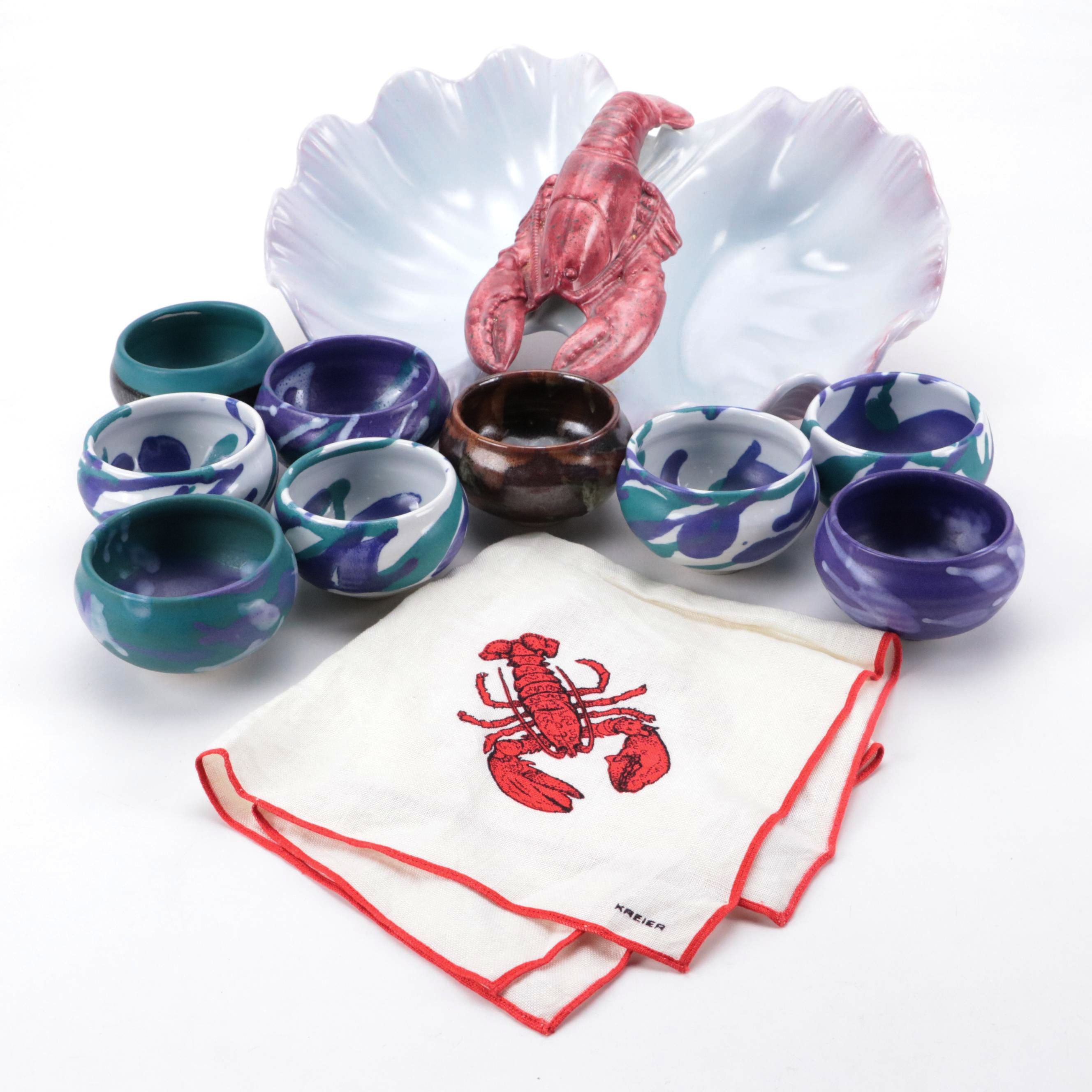 Lobster Motif Ceramic Divided Tray with Multicolor Ceramic Bowls and More