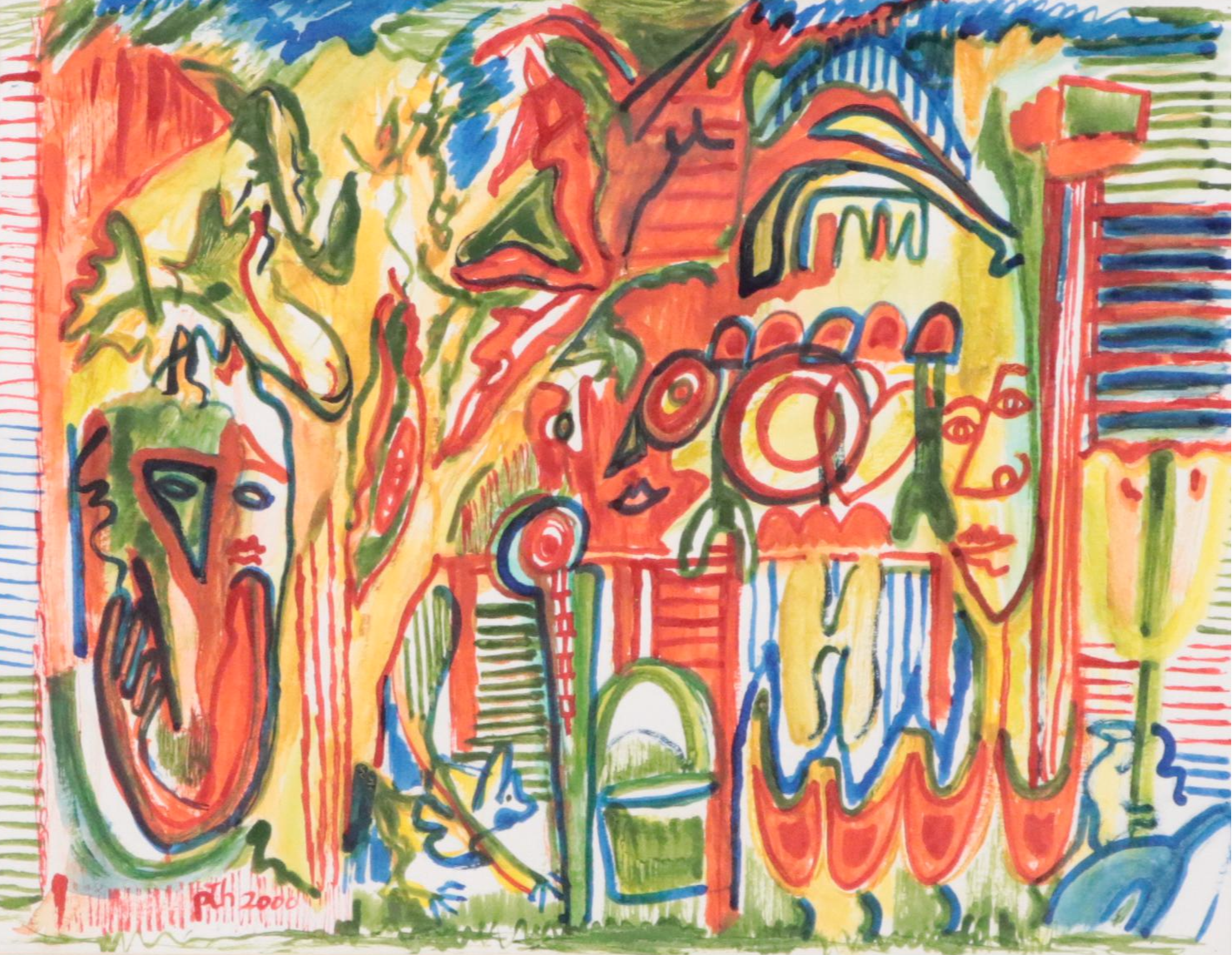 Phyllis Trager Hyman Modern Mixed Media Painting "Park Scene," 2000