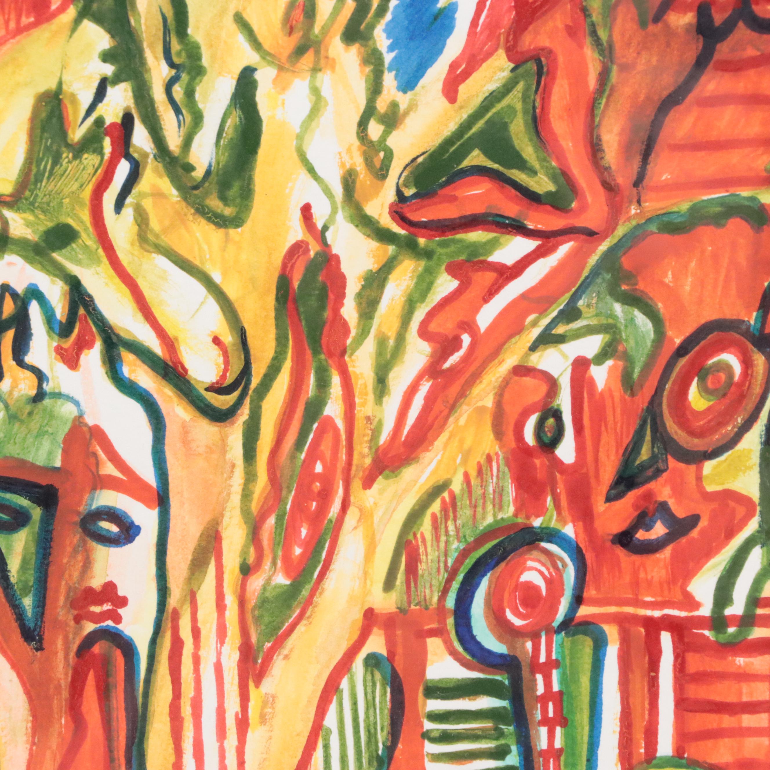 Phyllis Trager Hyman Modern Mixed Media Painting "Park Scene," 2000