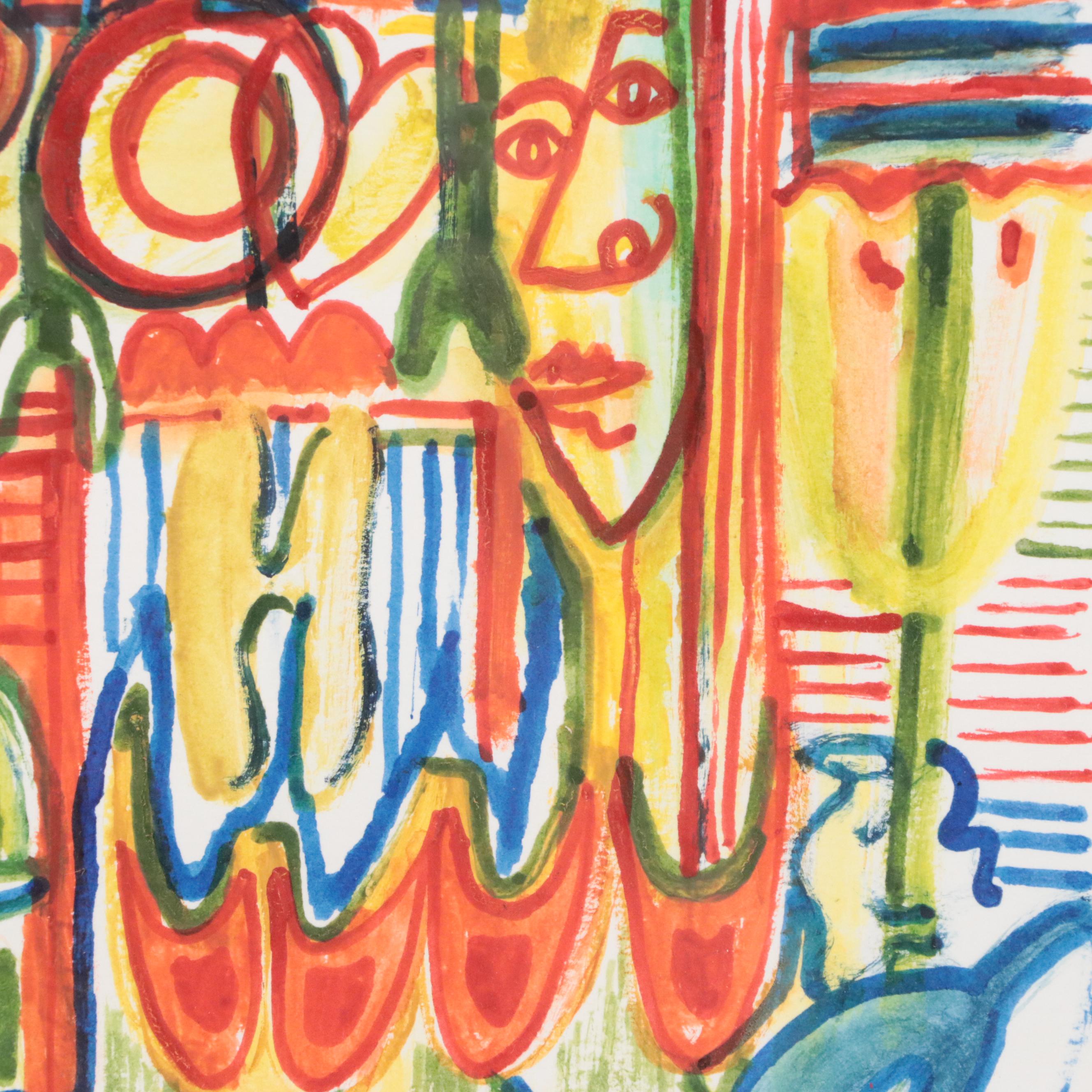 Phyllis Trager Hyman Modern Mixed Media Painting "Park Scene," 2000