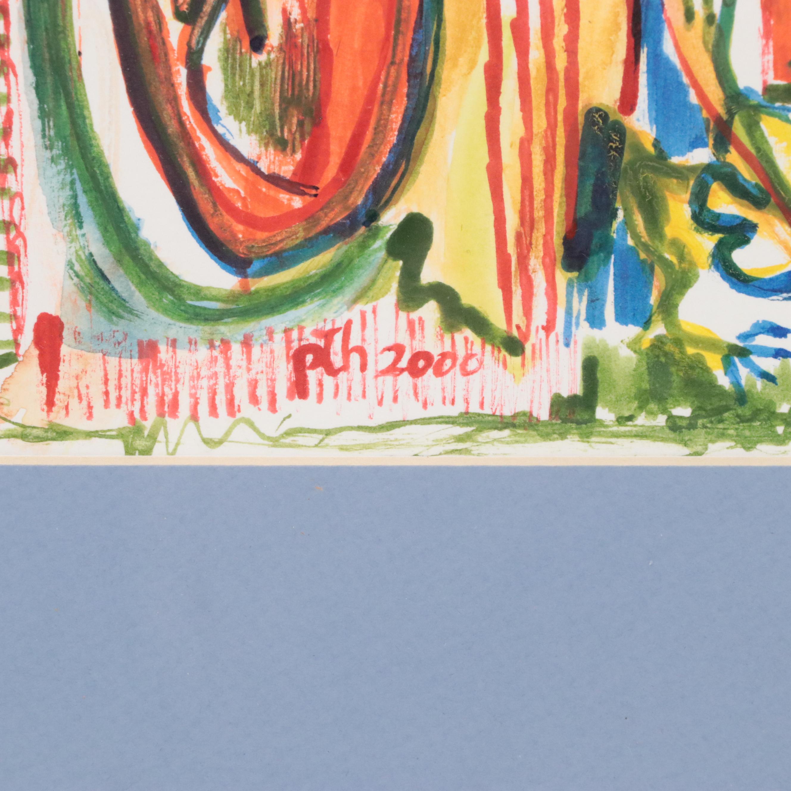 Phyllis Trager Hyman Modern Mixed Media Painting "Park Scene," 2000