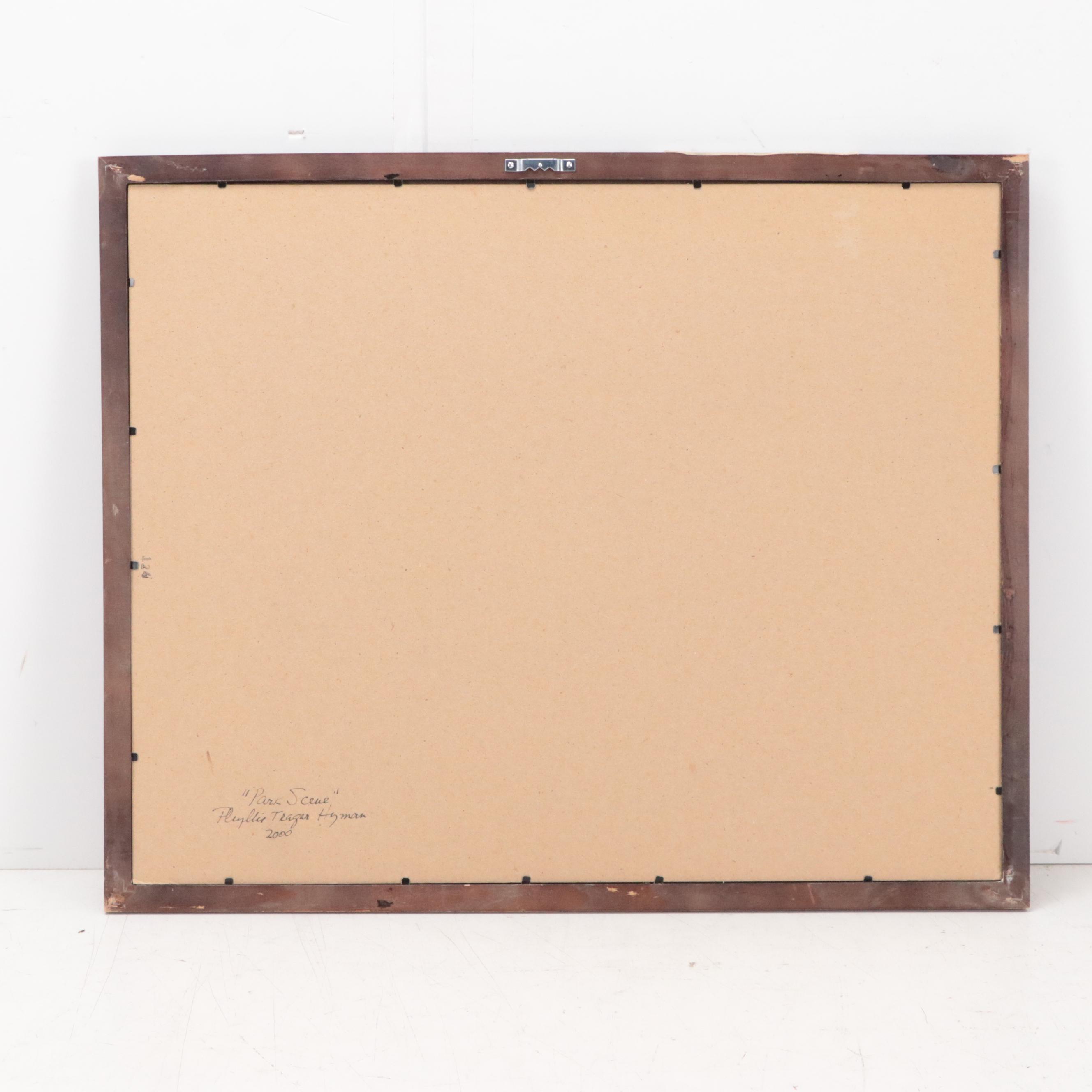 Phyllis Trager Hyman Modern Mixed Media Painting "Park Scene," 2000