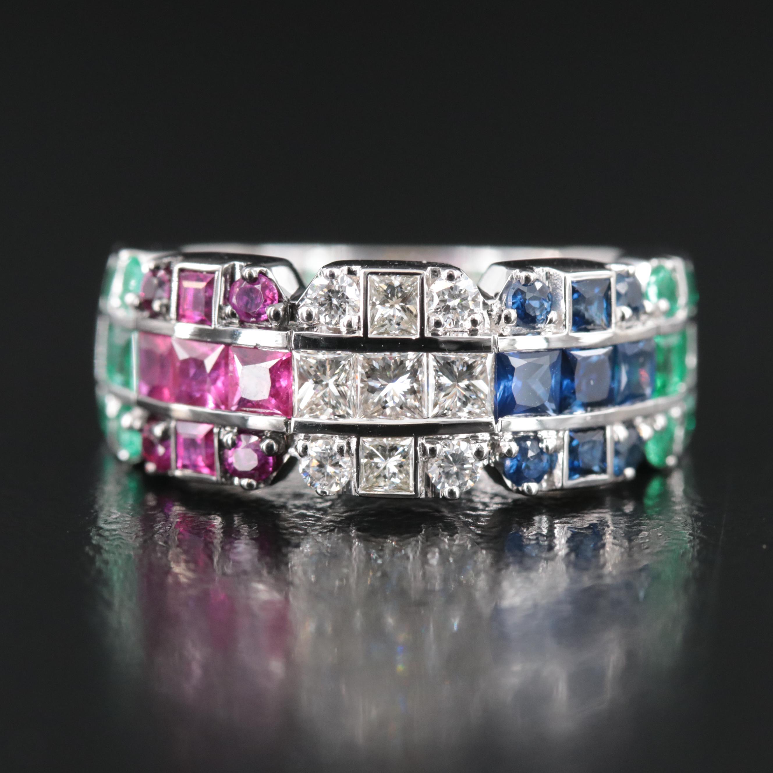 18K Ruby, Sapphire, Emerald and Diamond Tapered Ring