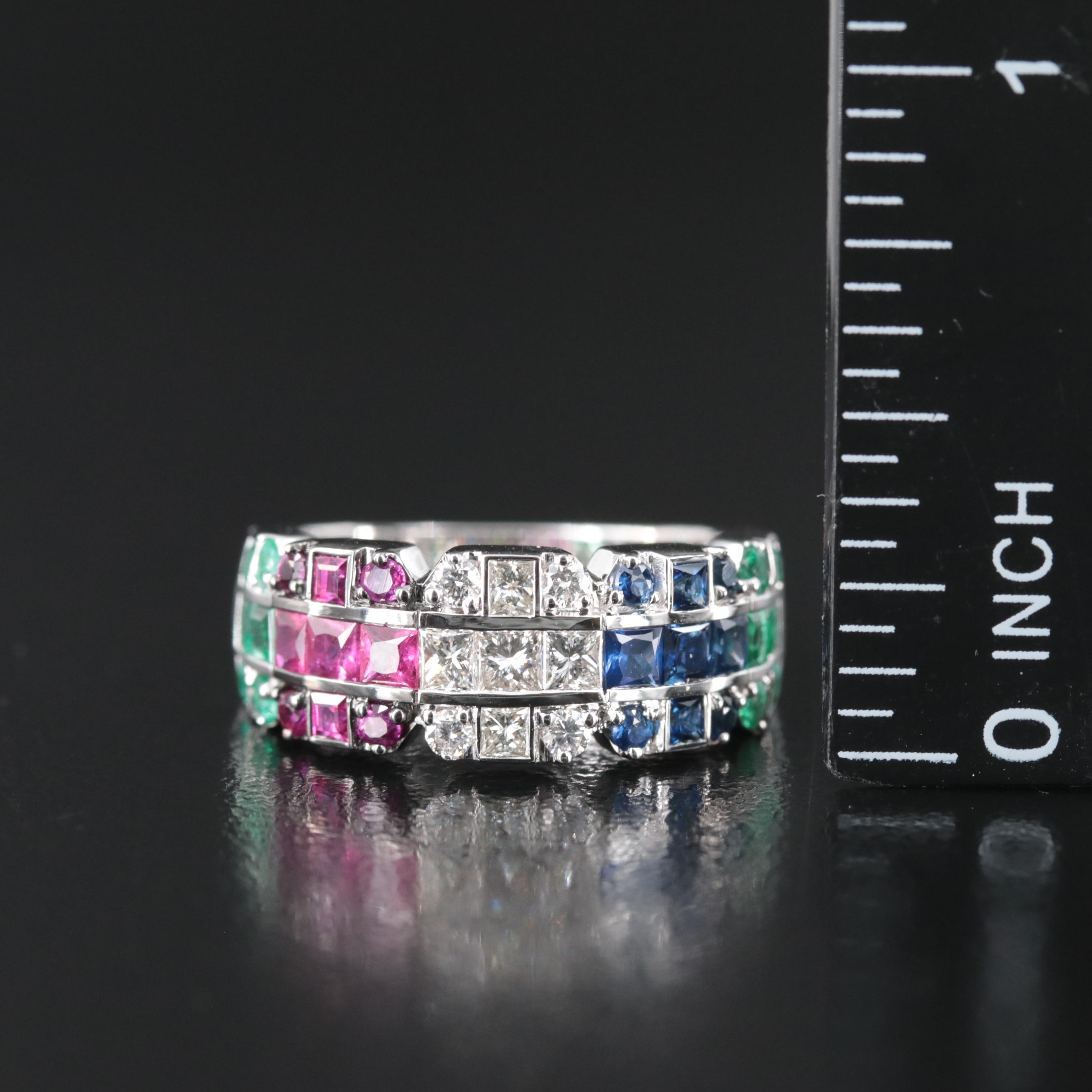 18K Ruby, Sapphire, Emerald and Diamond Tapered Ring