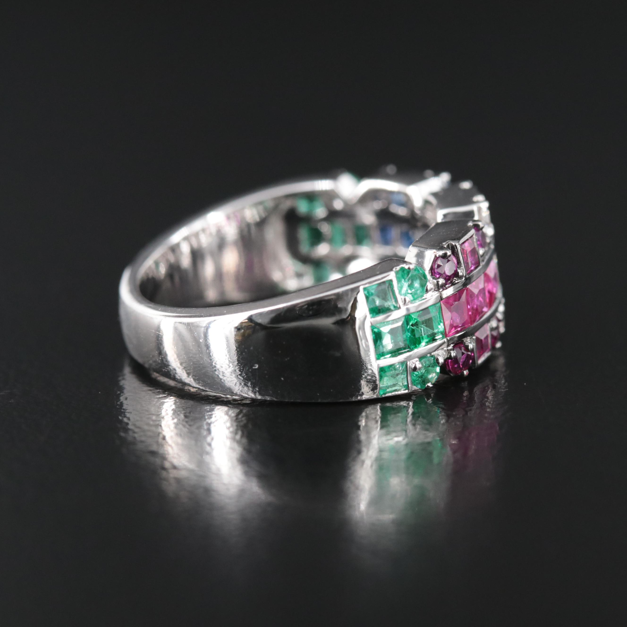 18K Ruby, Sapphire, Emerald and Diamond Tapered Ring