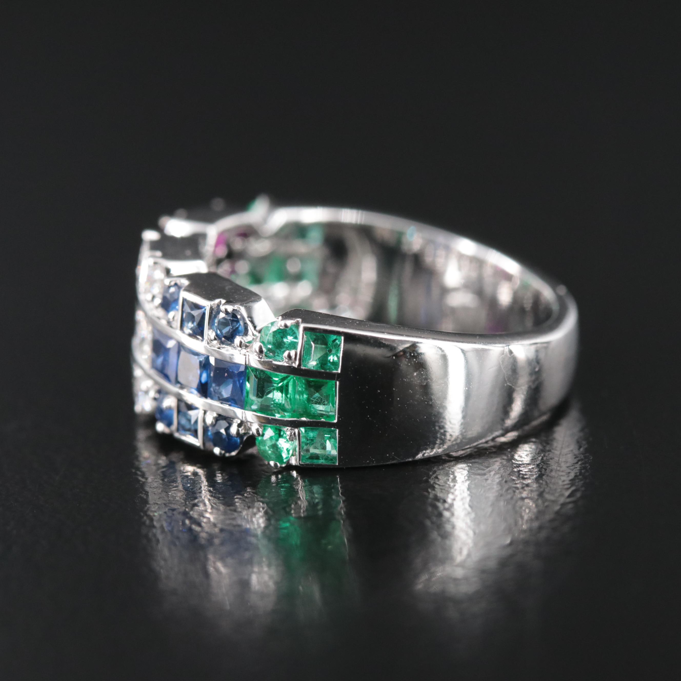 18K Ruby, Sapphire, Emerald and Diamond Tapered Ring