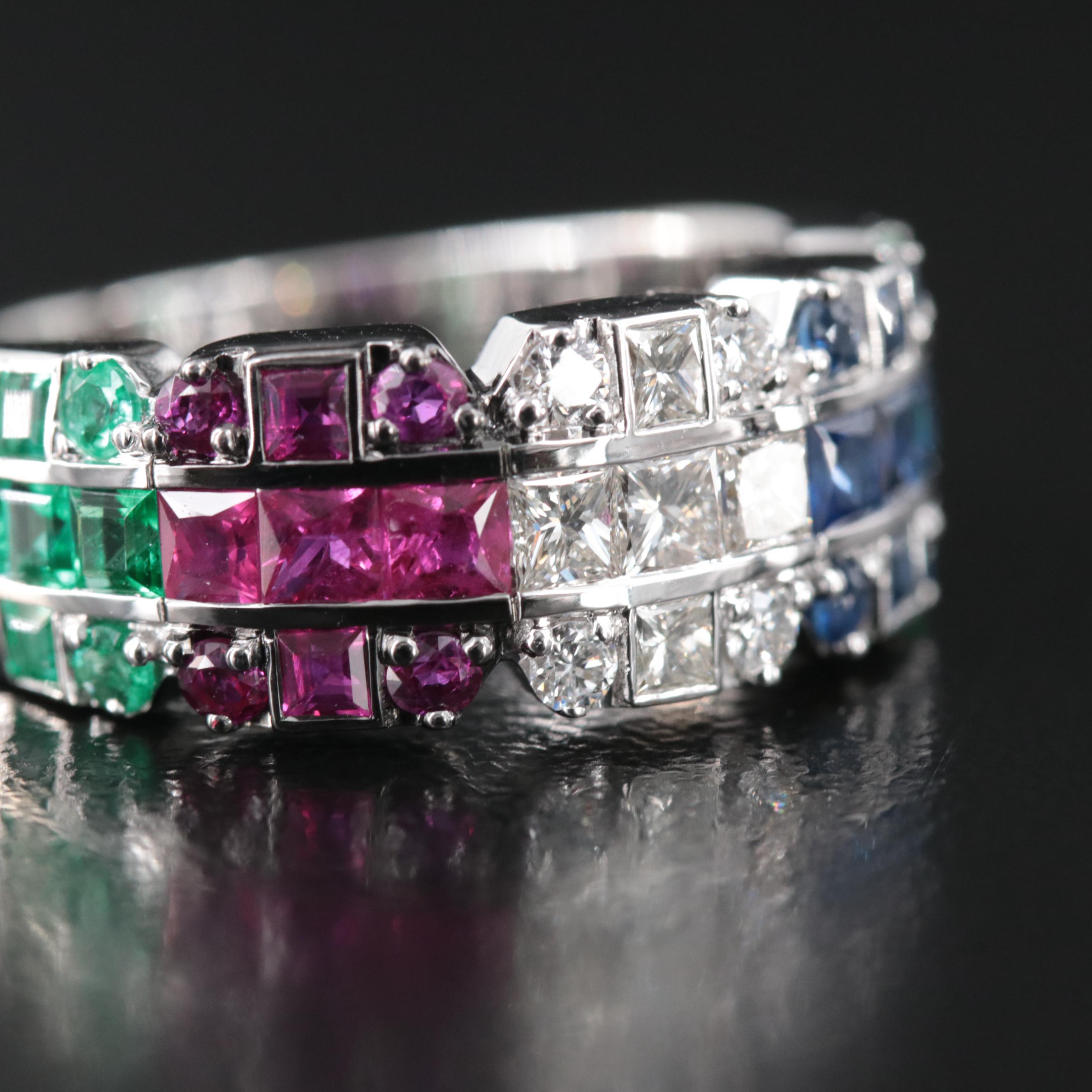 18K Ruby, Sapphire, Emerald and Diamond Tapered Ring