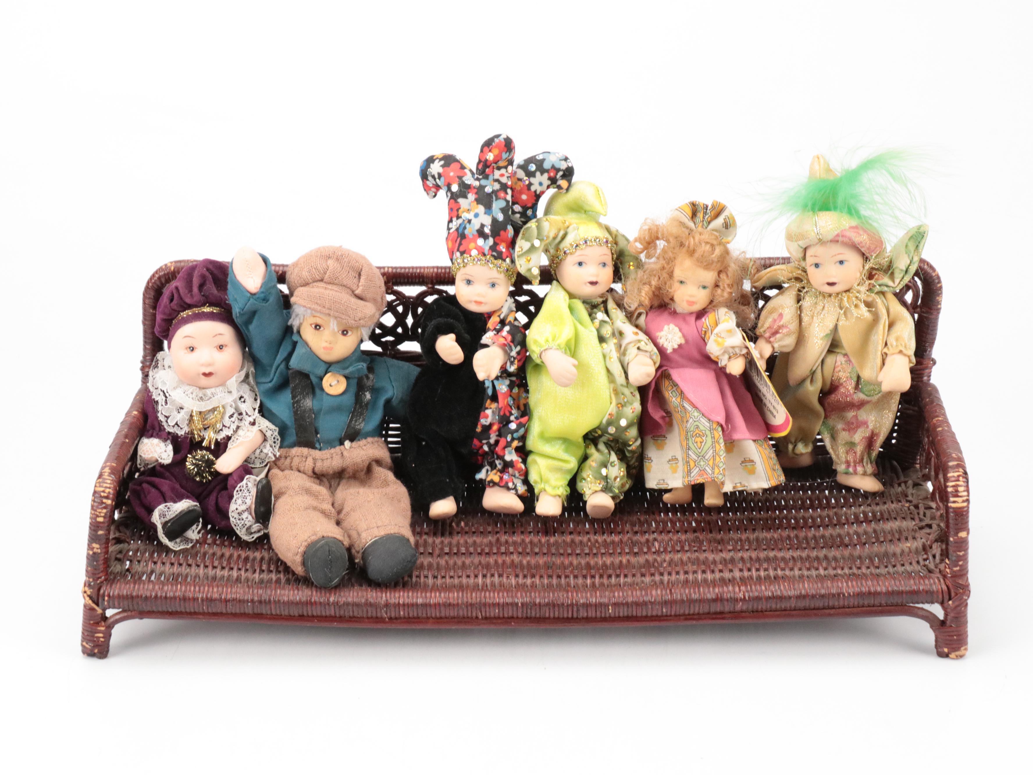 Small Porcelain Clown and Victorian Dress Dolls with Bench and Chair, Vintage