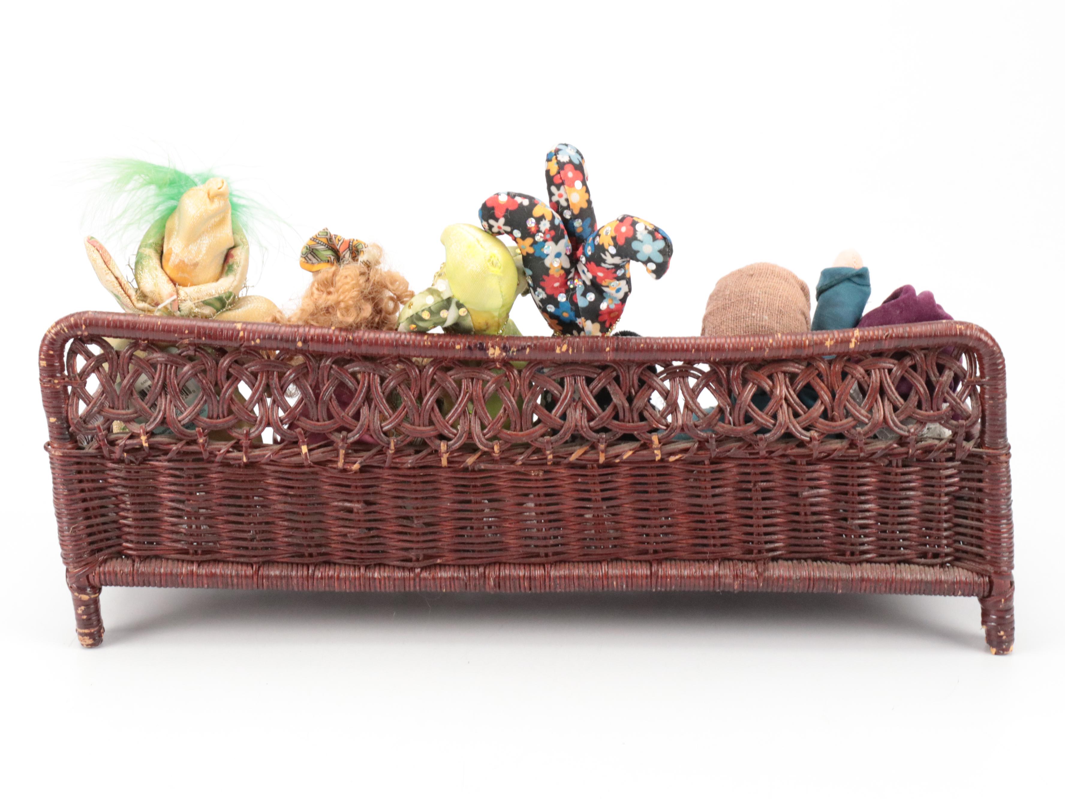 Small Porcelain Clown and Victorian Dress Dolls with Bench and Chair, Vintage