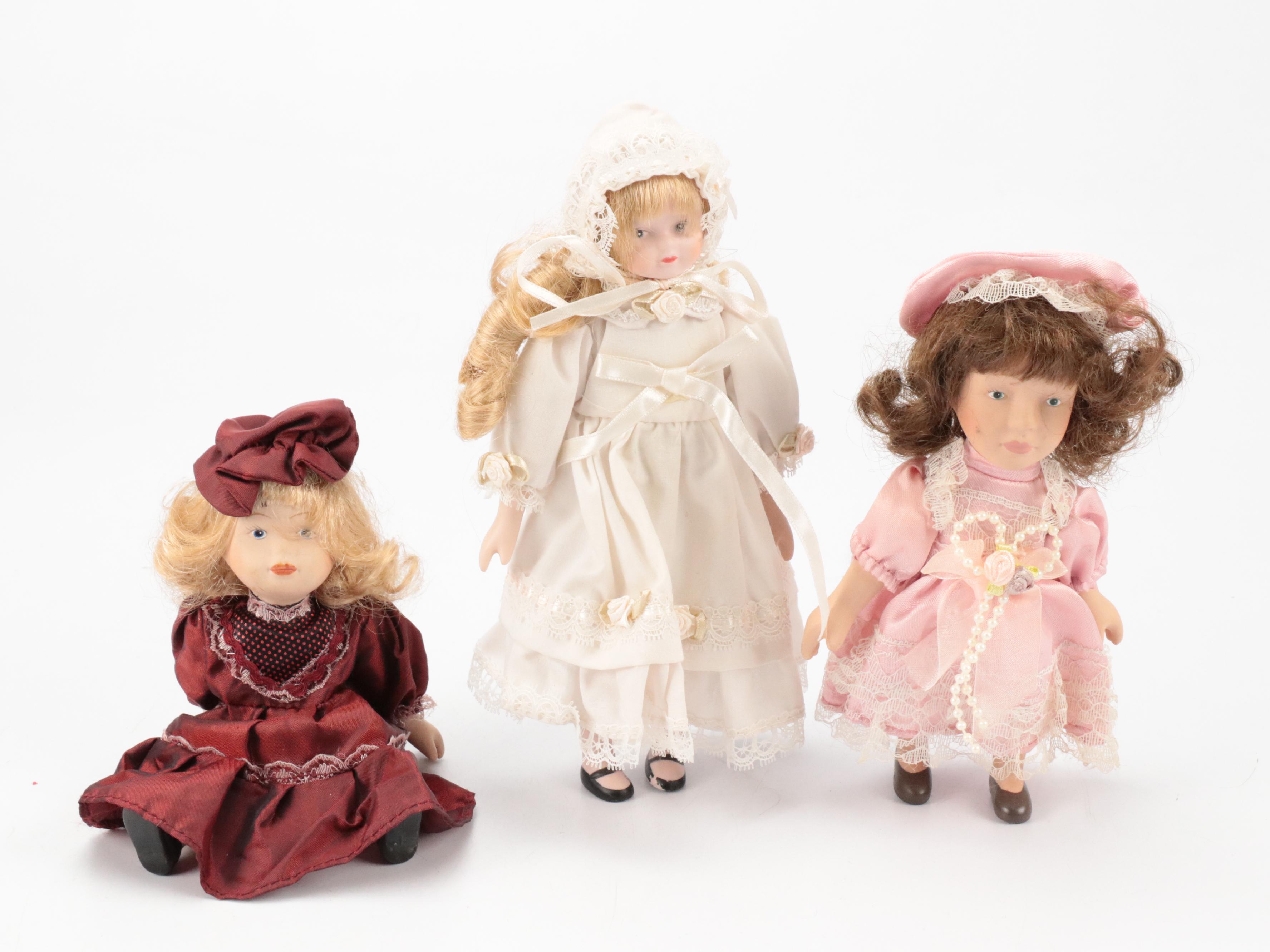 Small Porcelain Clown and Victorian Dress Dolls with Bench and Chair, Vintage