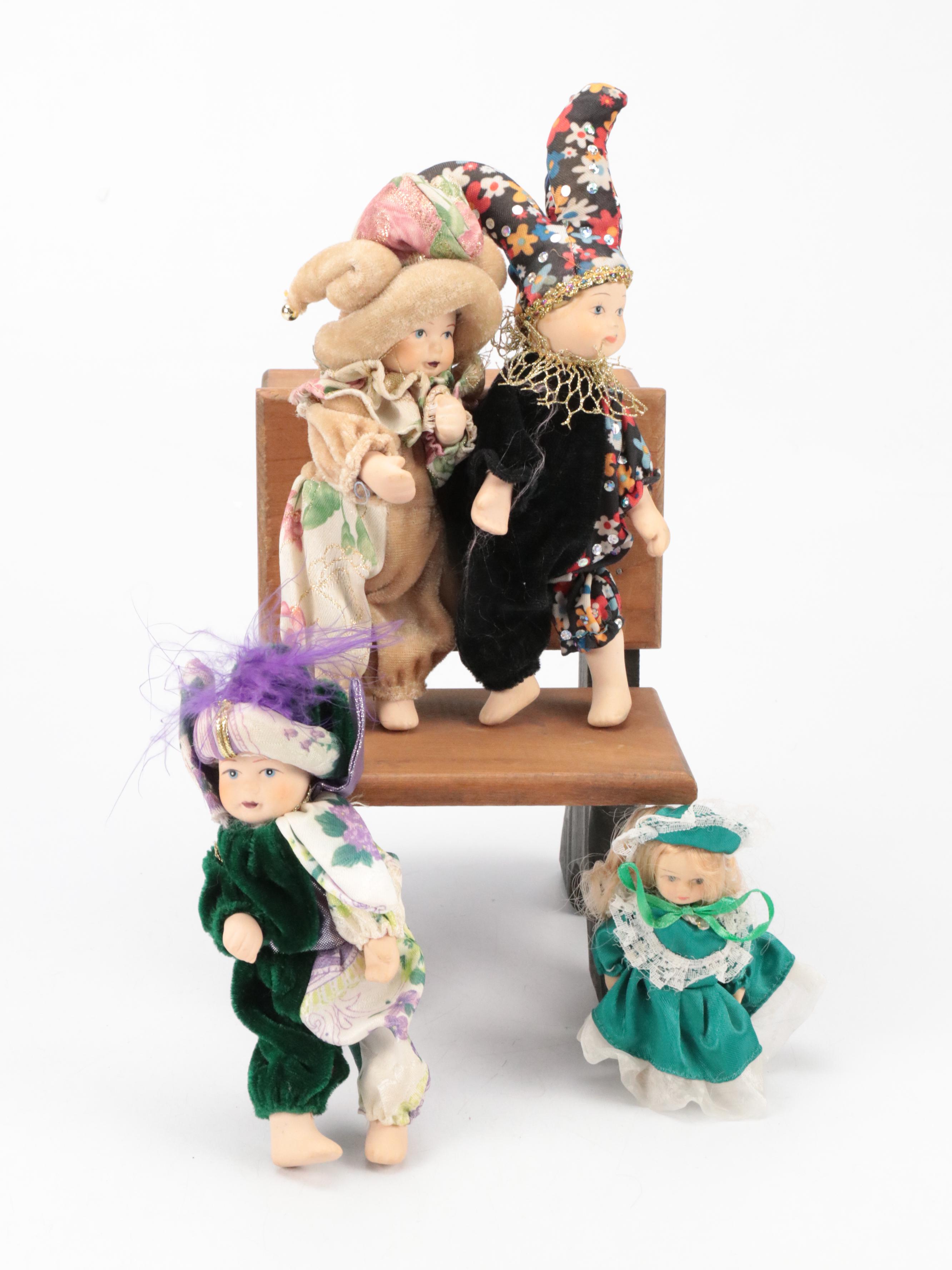 Small Porcelain Clown and Victorian Dress Dolls with Bench and Chair, Vintage